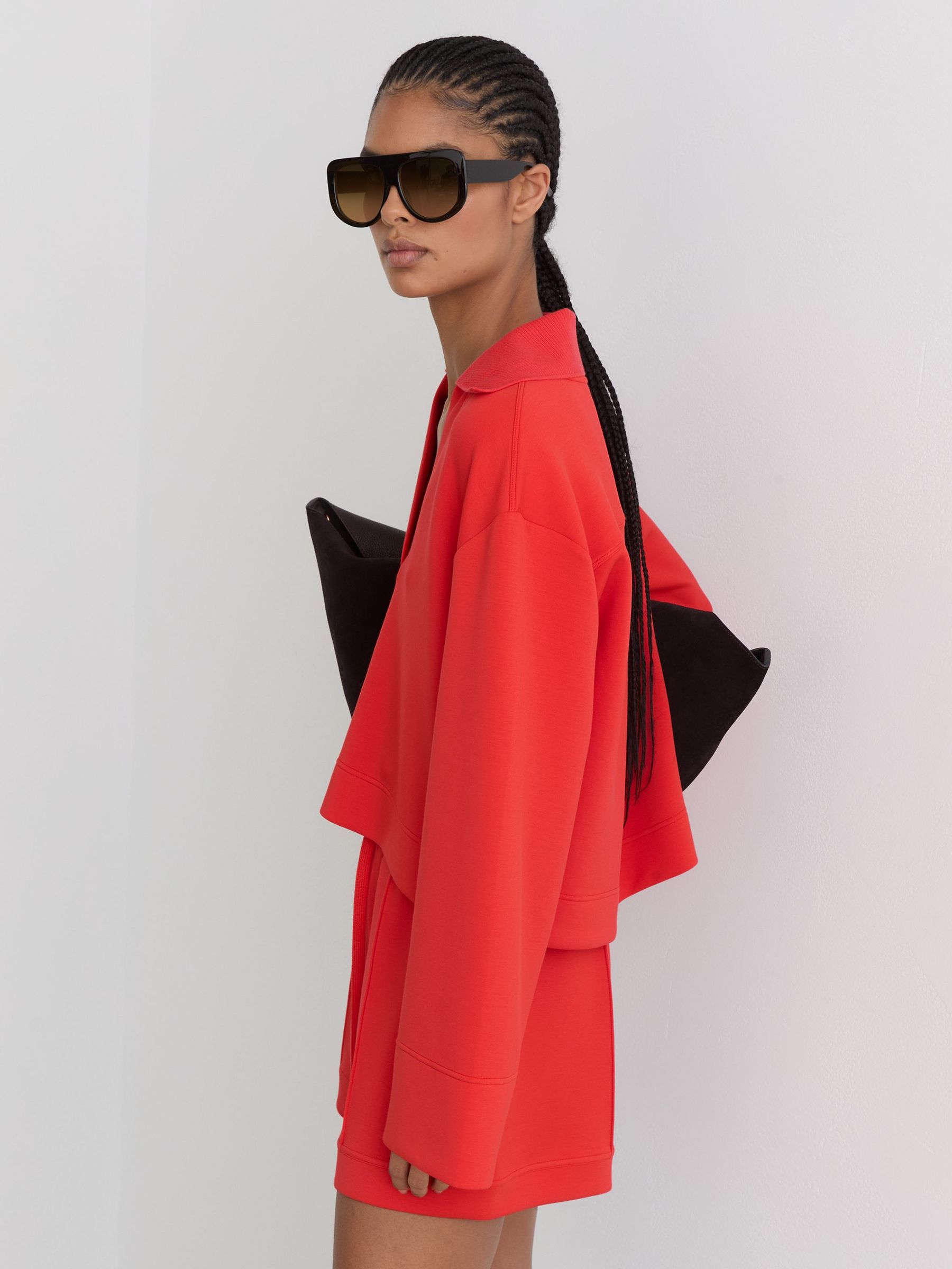 Premium Interlock Open-Collar Sweatshirt in Coral Red - Image 6 of 7