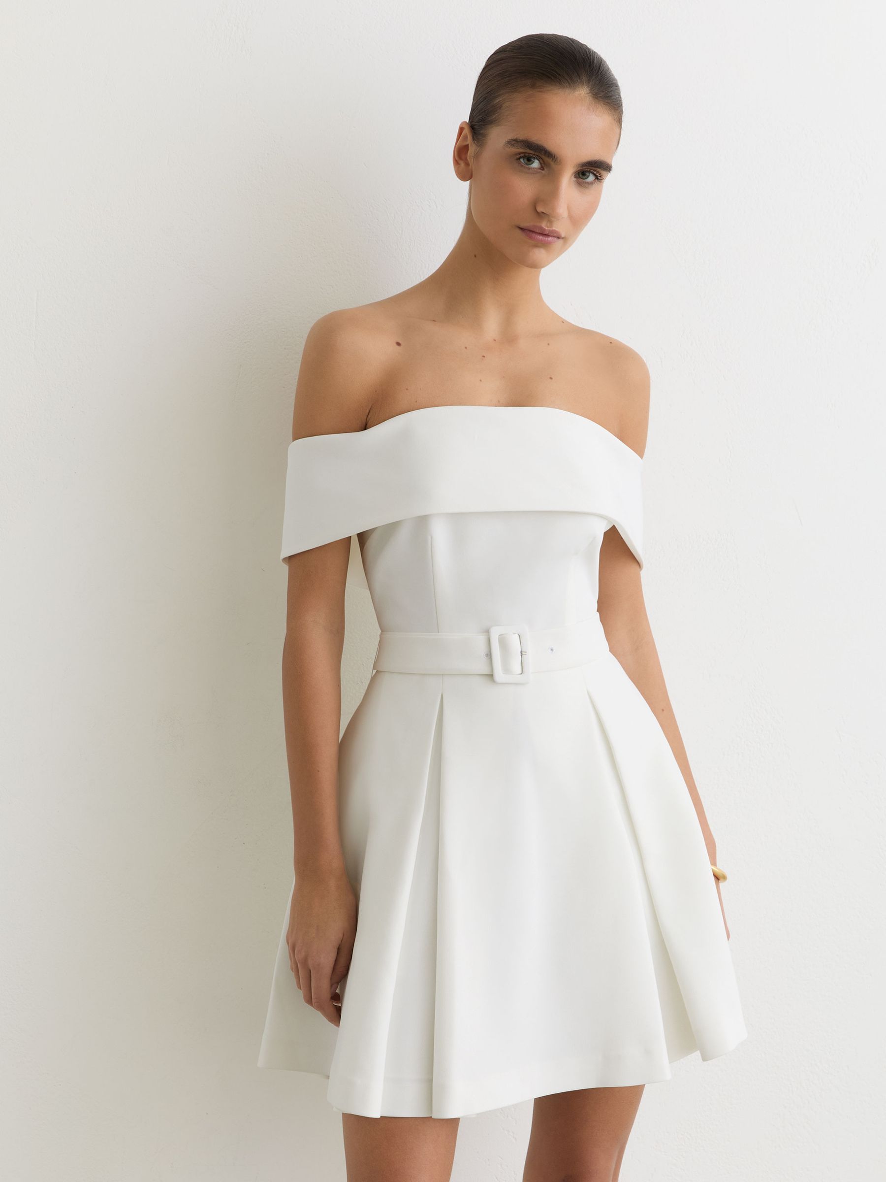 Off-Shoulder Flippy Mini Dress in Ivory - Image 1 of 6
