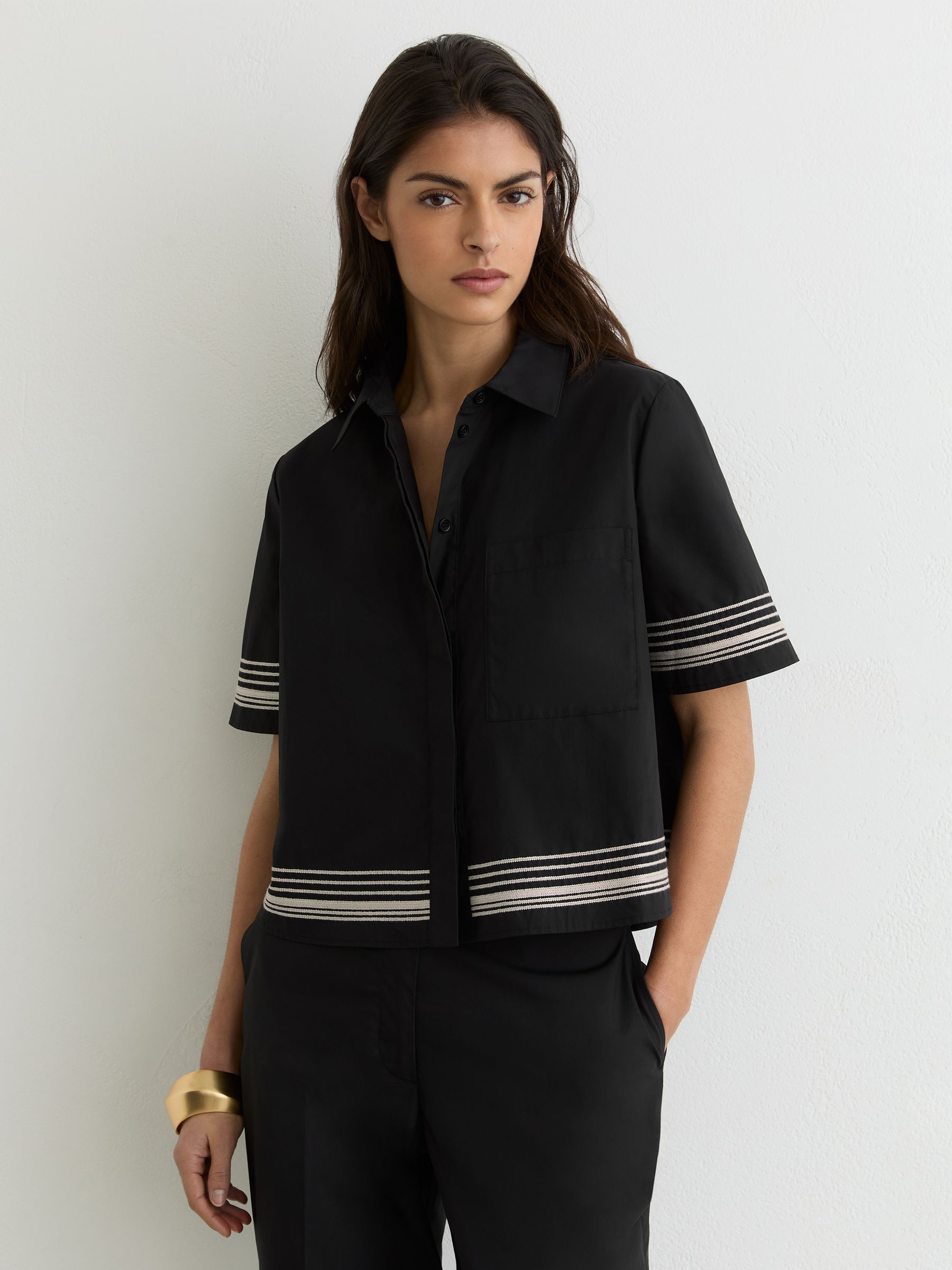 Cotton Stripe-Detail Boxy Shirt in Black/Ivory - Image 1 of 8