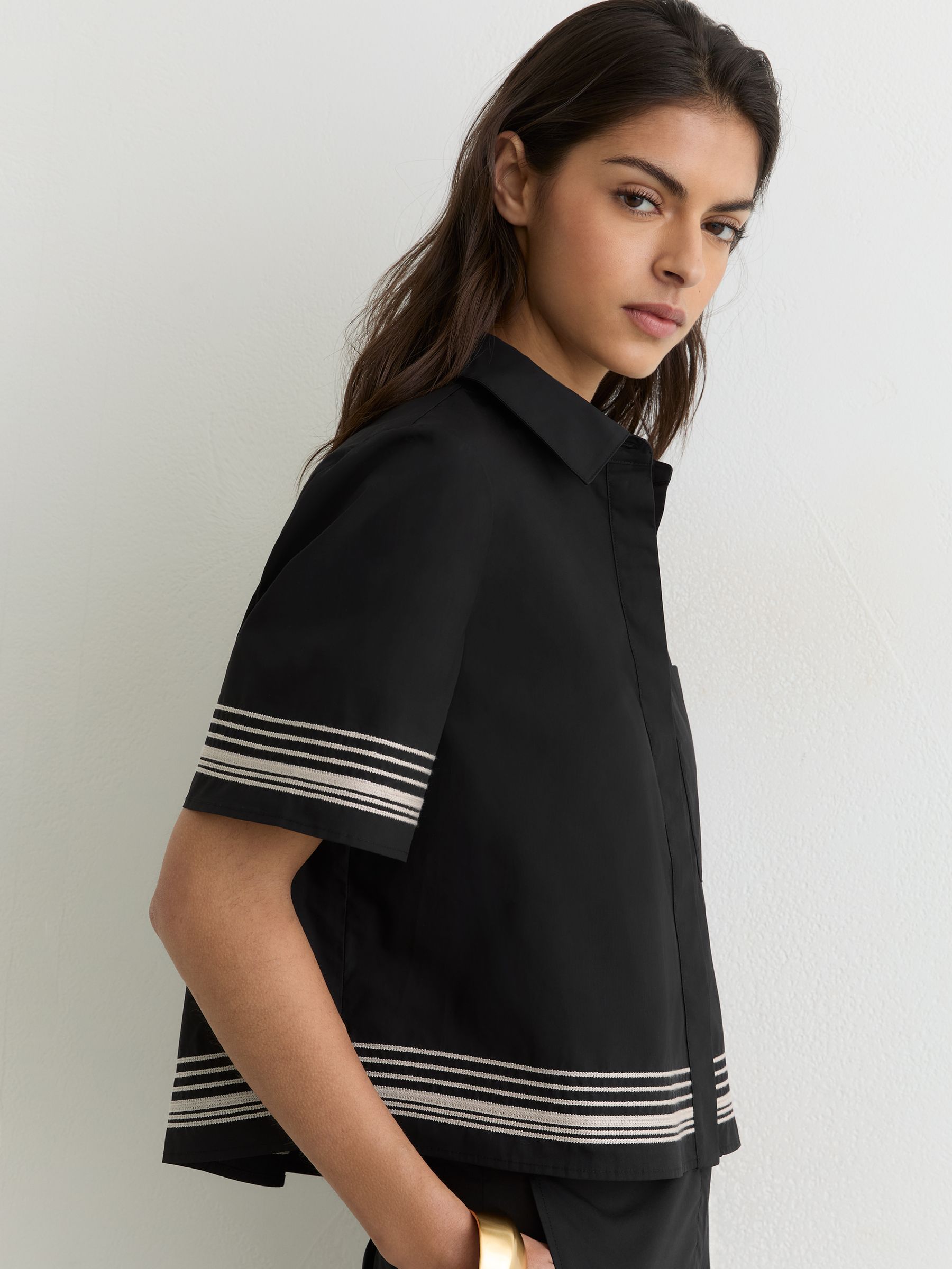 Cotton Stripe-Detail Boxy Shirt in Black/Ivory - Image 4 of 8