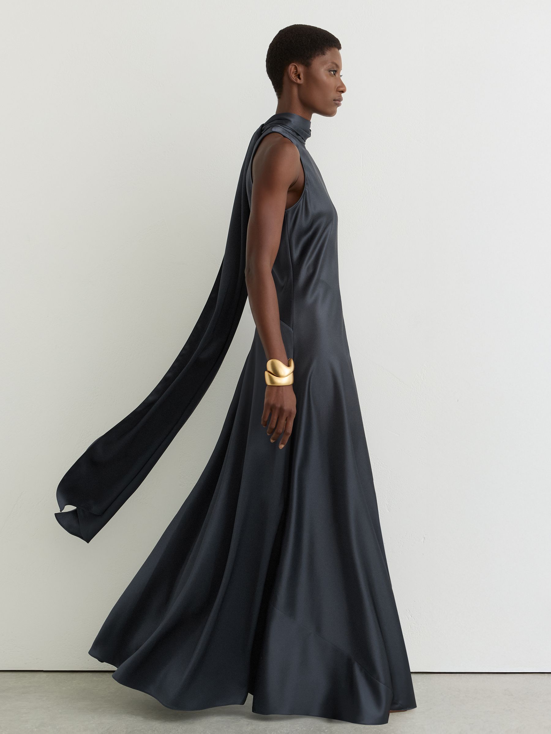 Satin Cape Maxi Dress in Grey - Image 1 of 8