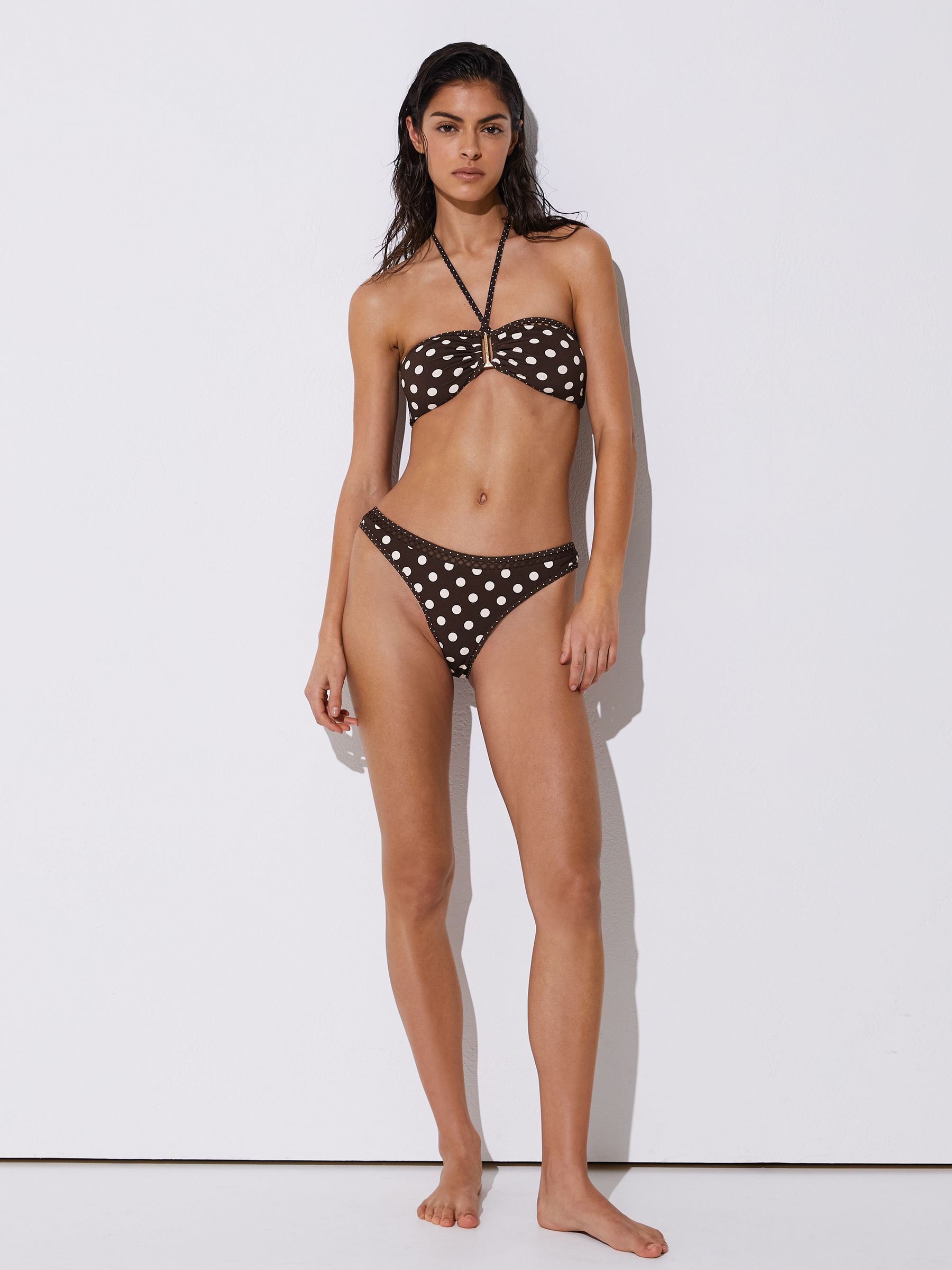 Polka-Dot Fixed-Side Bikini Bottoms in Chocolate Brown/Ivory - Image 1 of 8 Polka-Dot Fixed-Side Bikini Bottoms in Chocolate Brown/Ivory - Image 1 of 8