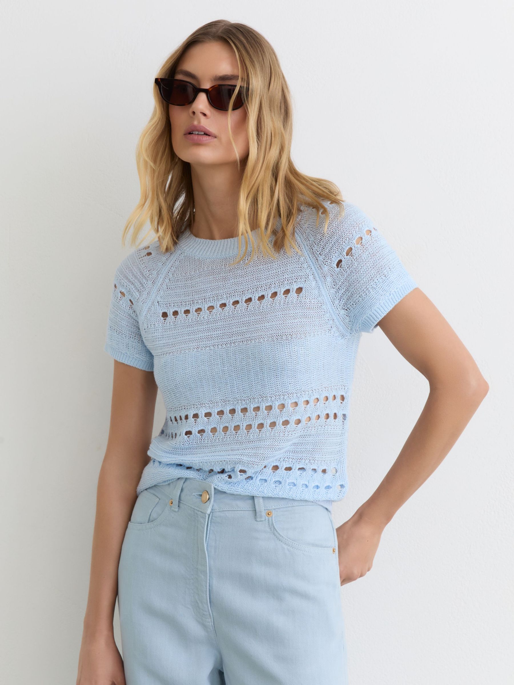 Linen Textured-Knit Top in Light Blue - Image 1 of 6