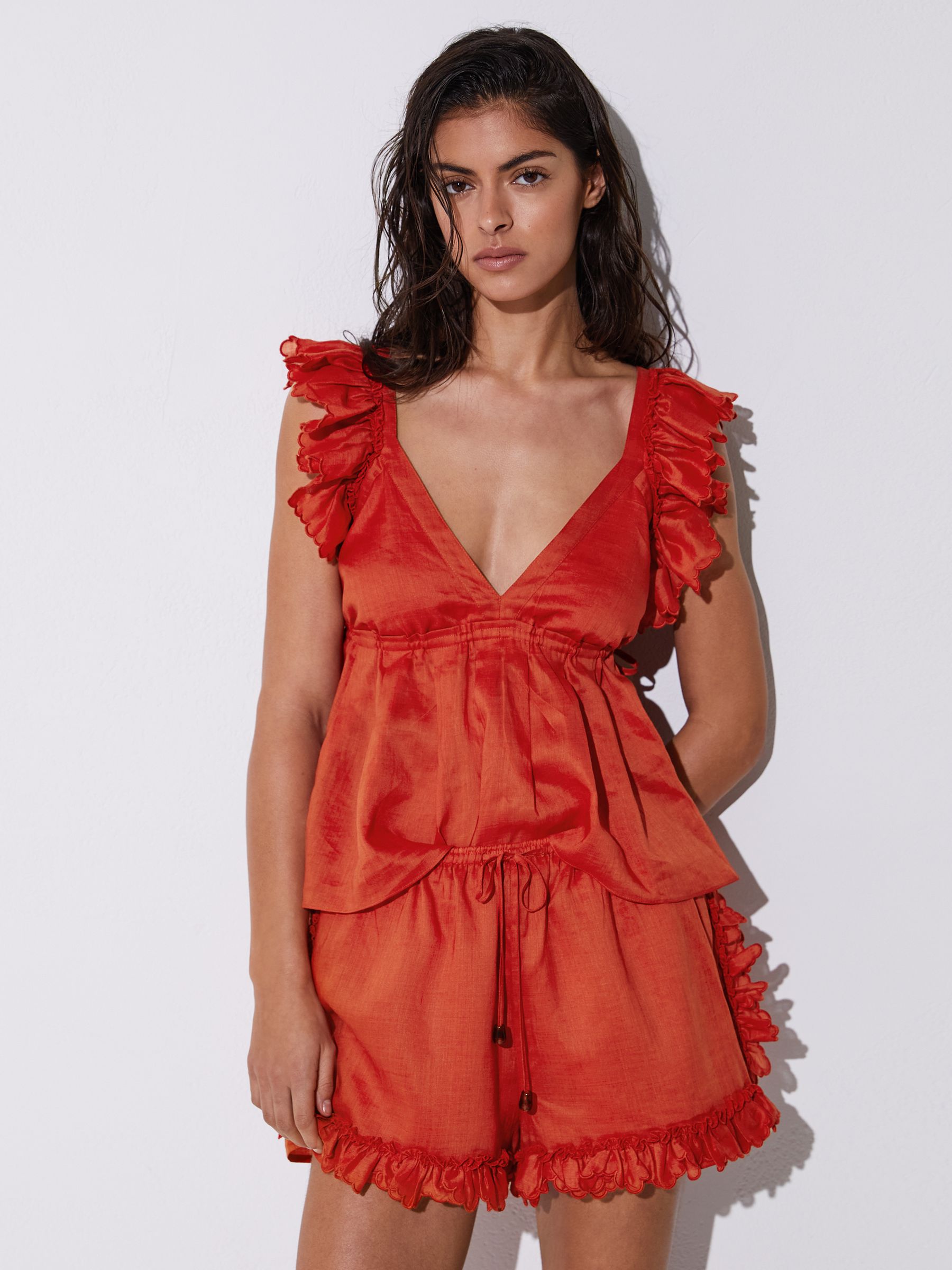 Ruffle Trim Side-Tie Babydoll Top in Orange - Image 4 of 6