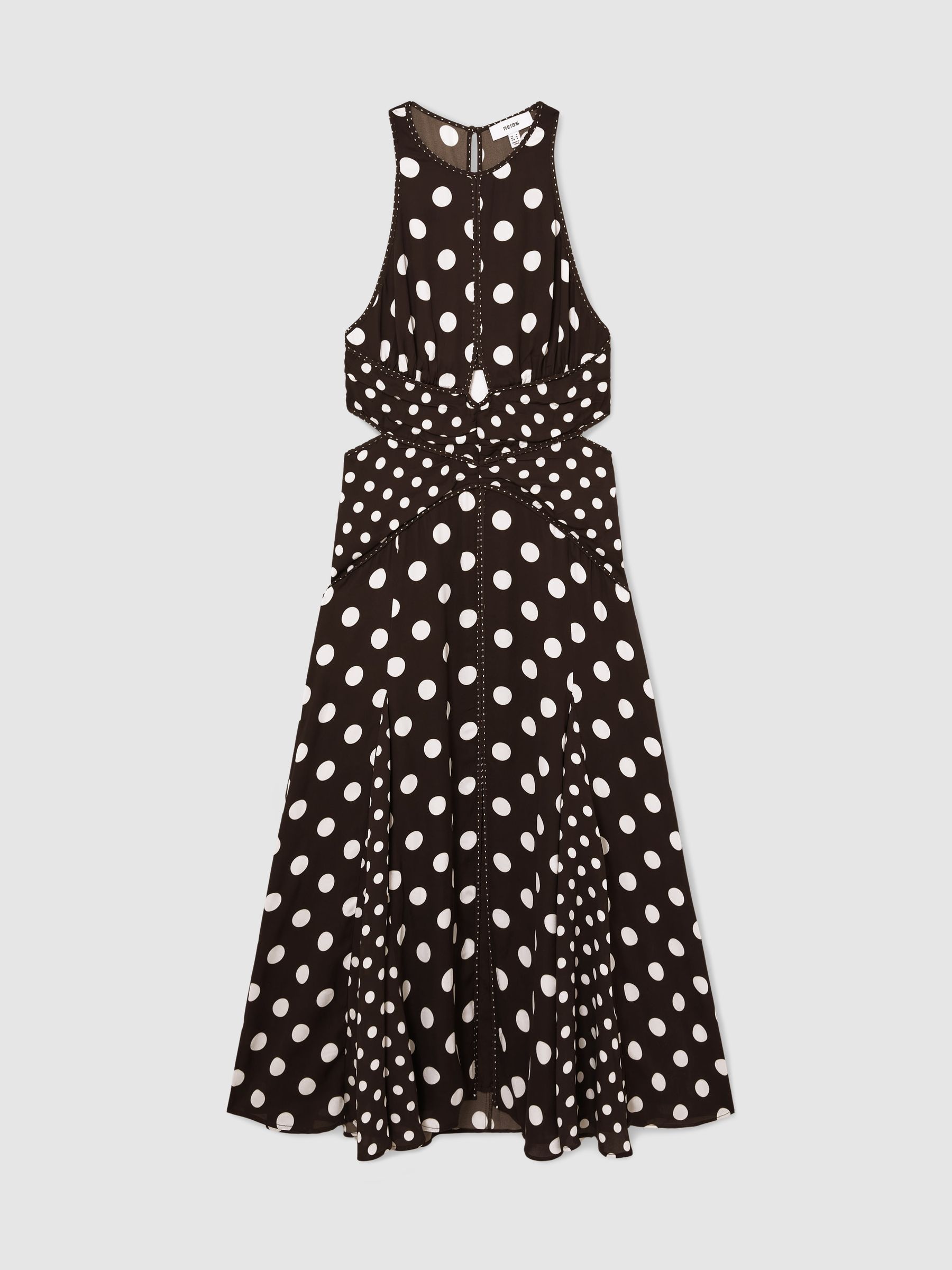 Polka-Dot Cut-Out Midi Dress in Chocolate Brown/Ivory - Image 2 of 6