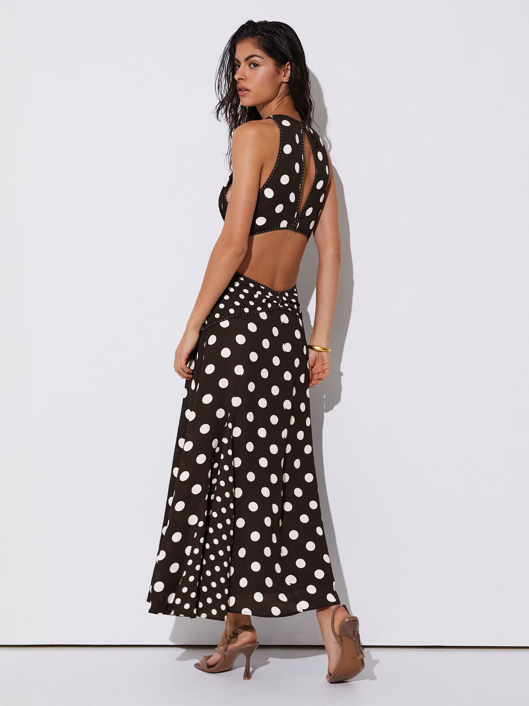 Polka-Dot Cut-Out Midi Dress in Chocolate Brown/Ivory - Image 5 of 6