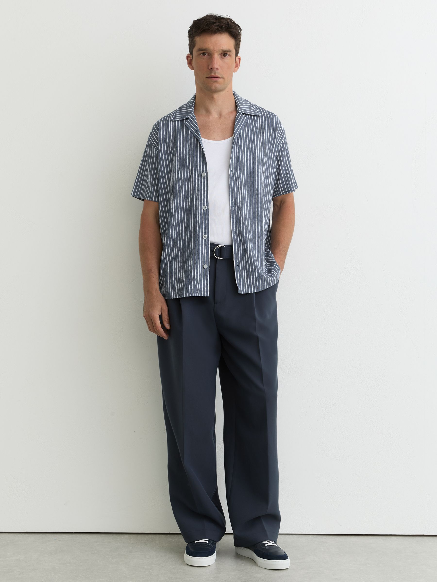 Textured Stripe Cuban-Collar Shirt in Airforce Blue - Image 1 of 7 Textured Stripe Cuban-Collar Shirt in Airforce Blue - Image 1 of 7