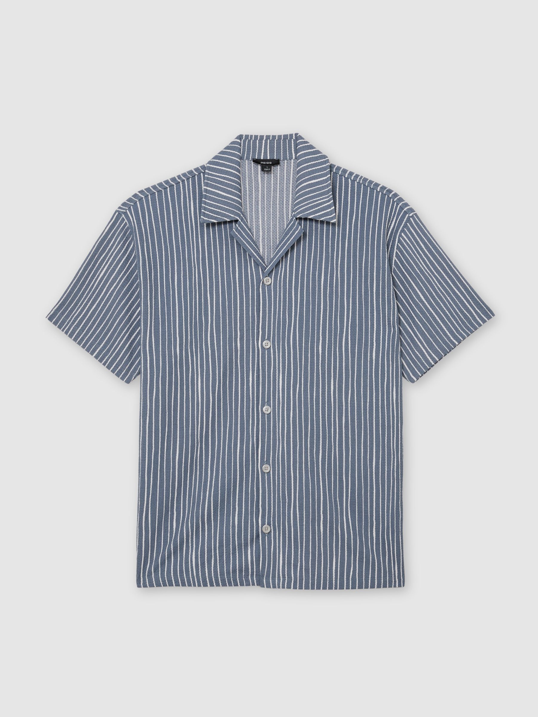 Textured Stripe Cuban-Collar Shirt in Airforce Blue - Image 2 of 7
