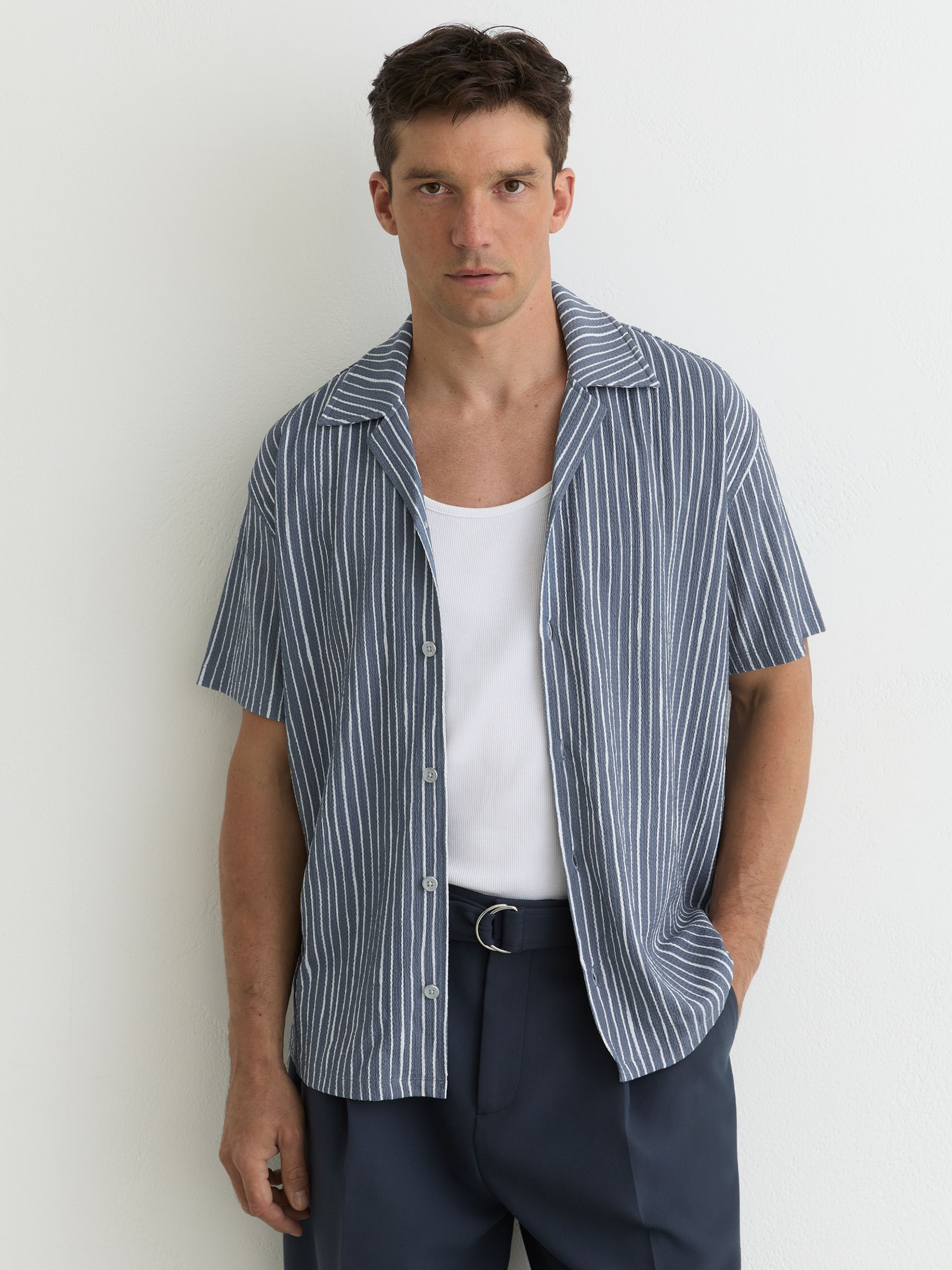 Textured Stripe Cuban-Collar Shirt in Airforce Blue - Image 3 of 7