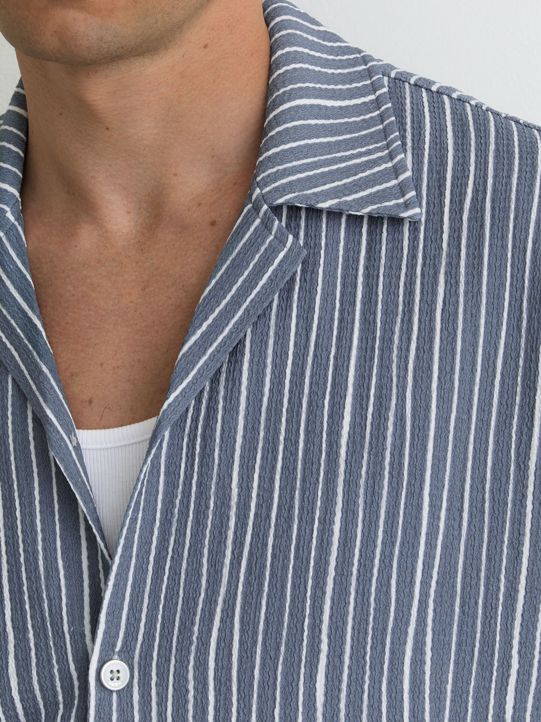 Textured Stripe Cuban-Collar Shirt in Airforce Blue - Image 4 of 7