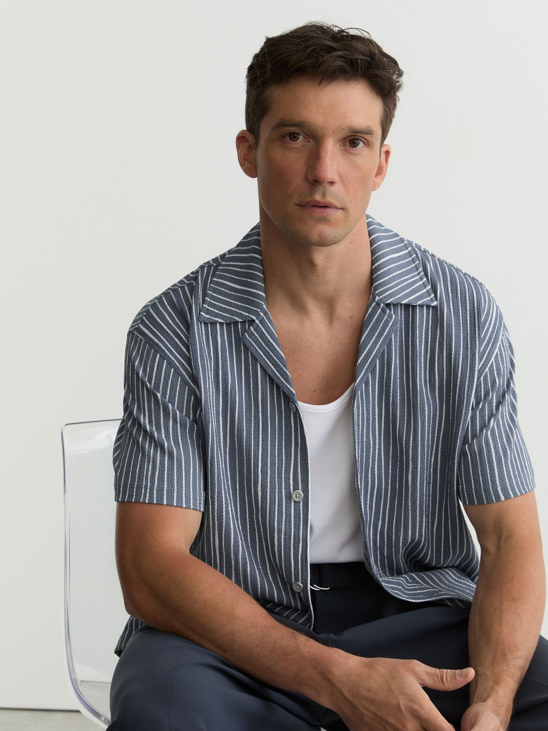 Textured Stripe Cuban-Collar Shirt in Airforce Blue - Image 5 of 7
