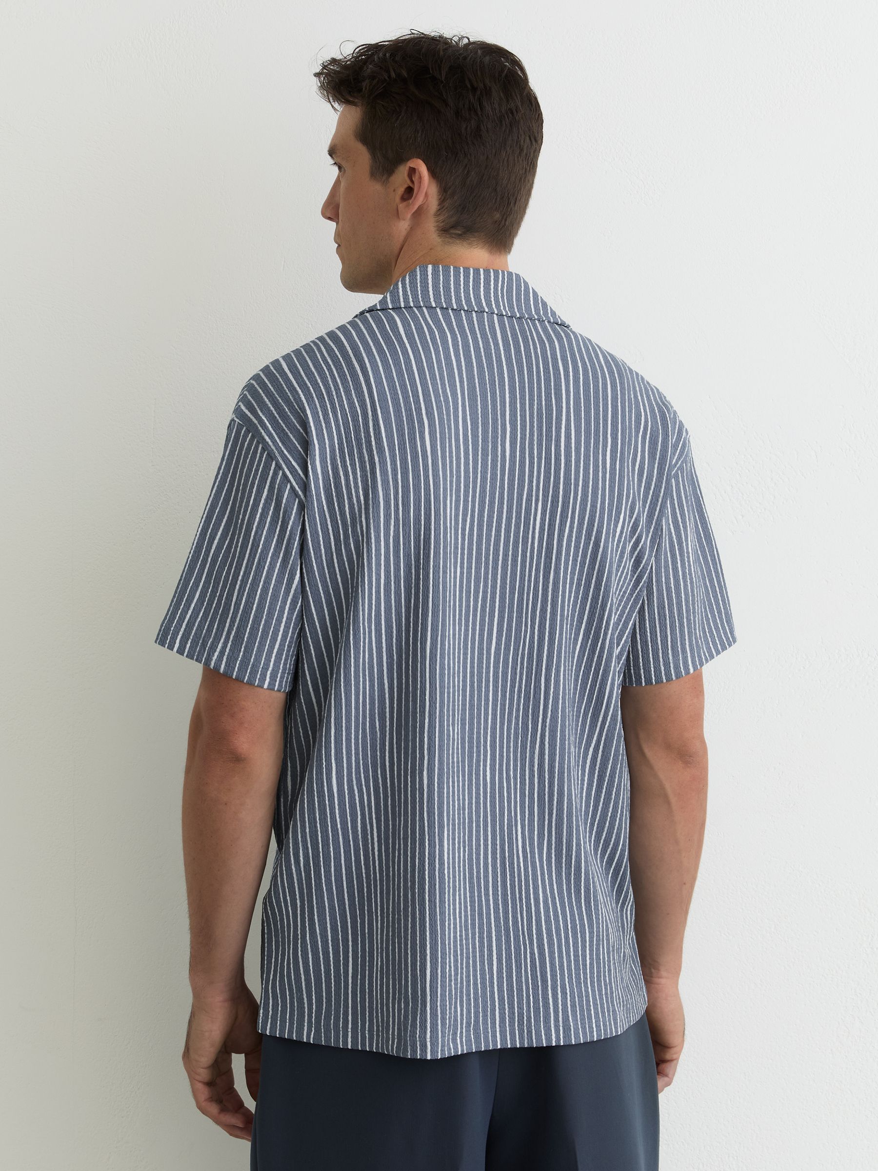Textured Stripe Cuban-Collar Shirt in Airforce Blue - Image 6 of 7