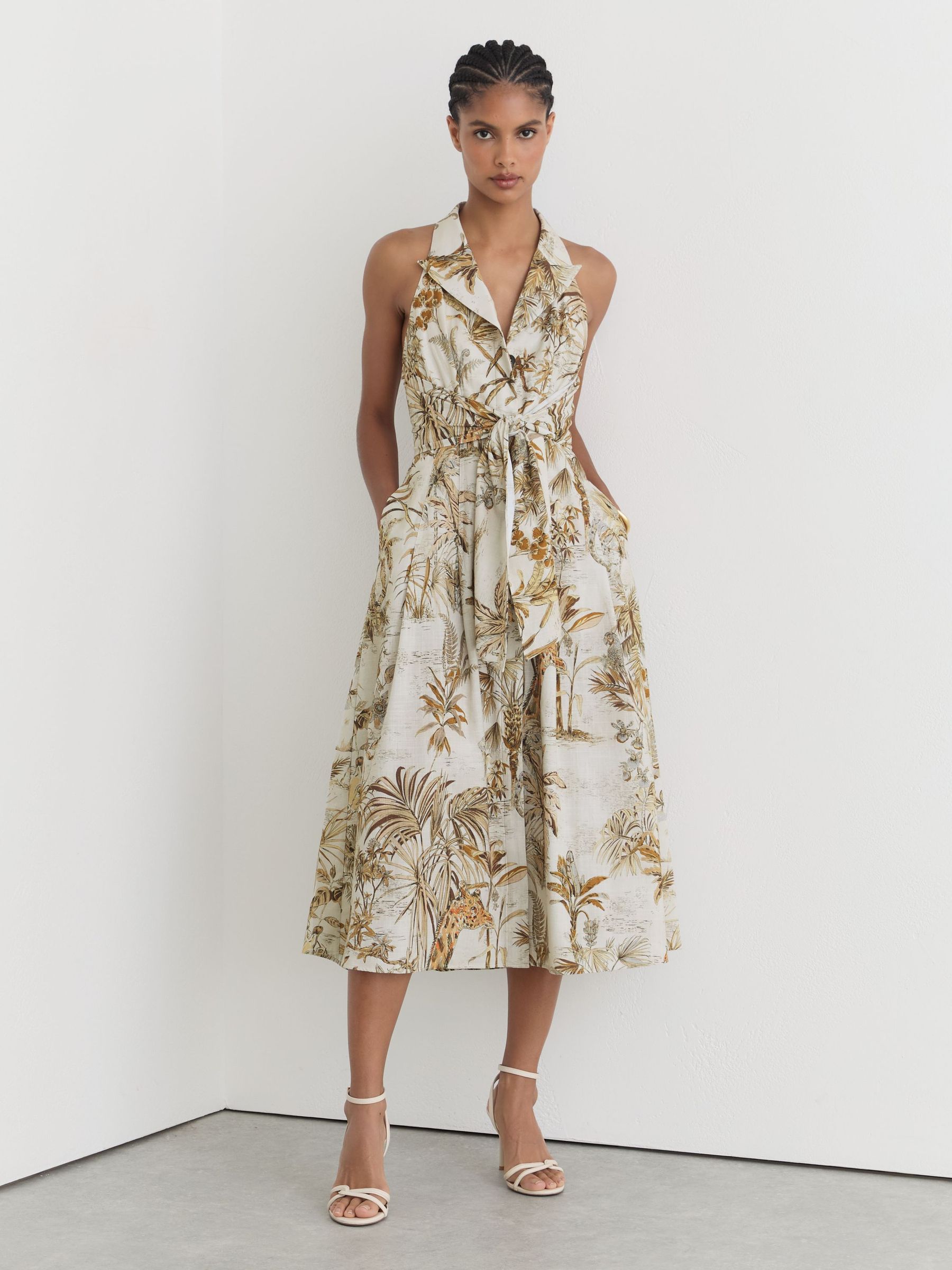Petite Cotton Safari-Print Tailored Midi Dress in Neutral - Image 1 of 7