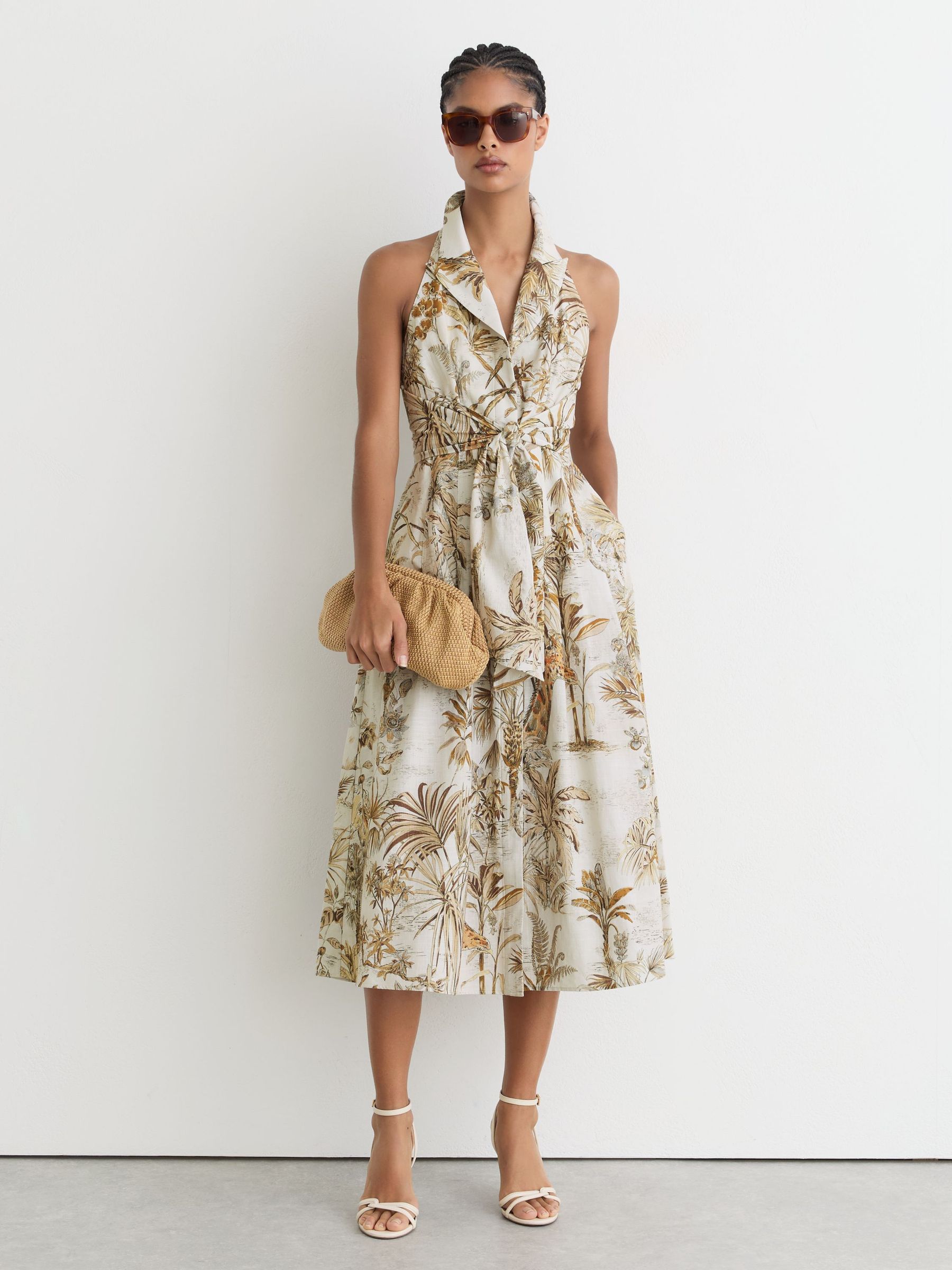 Petite Cotton Safari-Print Tailored Midi Dress in Neutral - Image 3 of 7