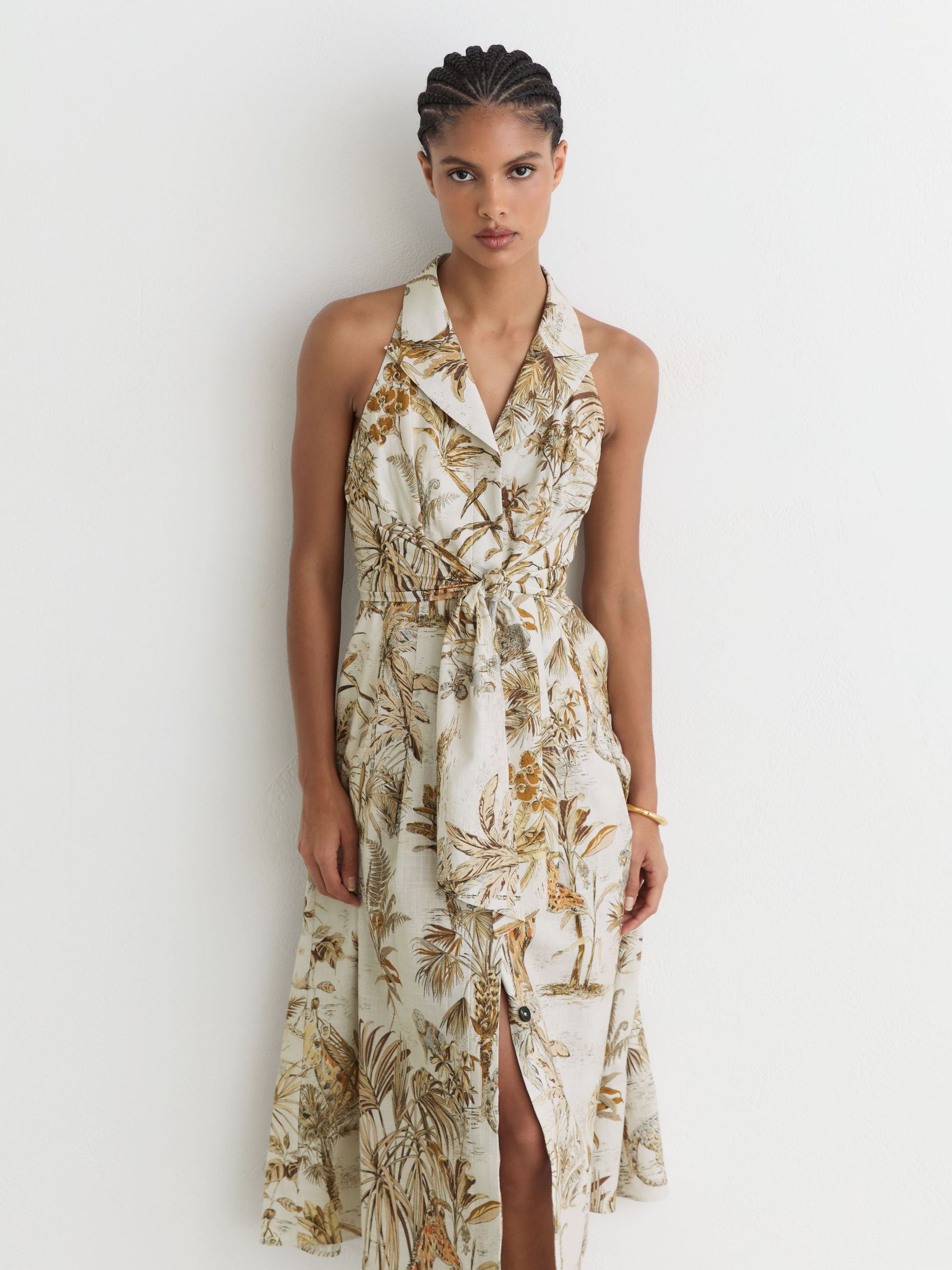 Petite Cotton Safari-Print Tailored Midi Dress in Neutral - Image 6 of 7