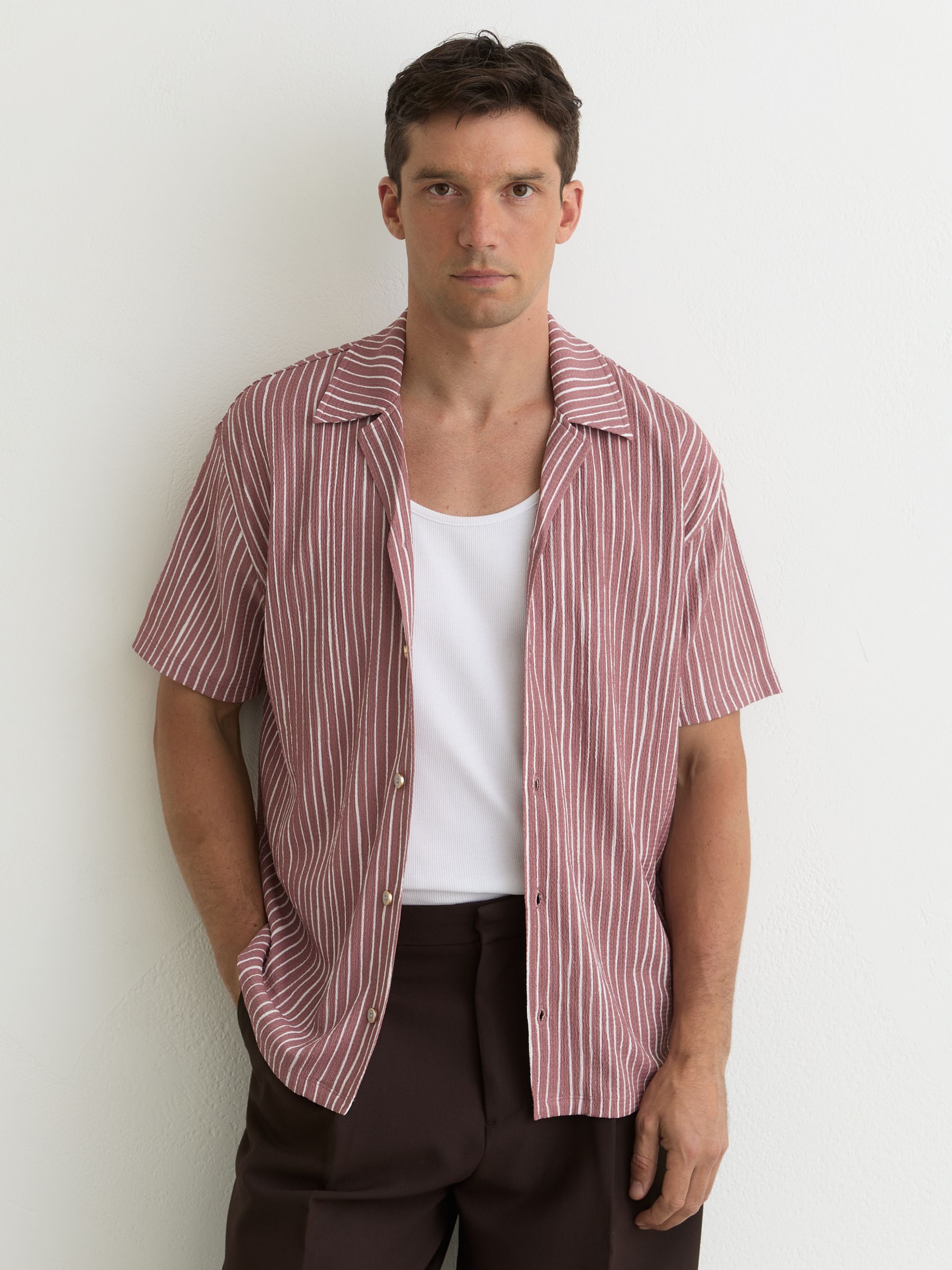 Textured Stripe Cuban-Collar Shirt in Rose Pink - Image 1 of 5