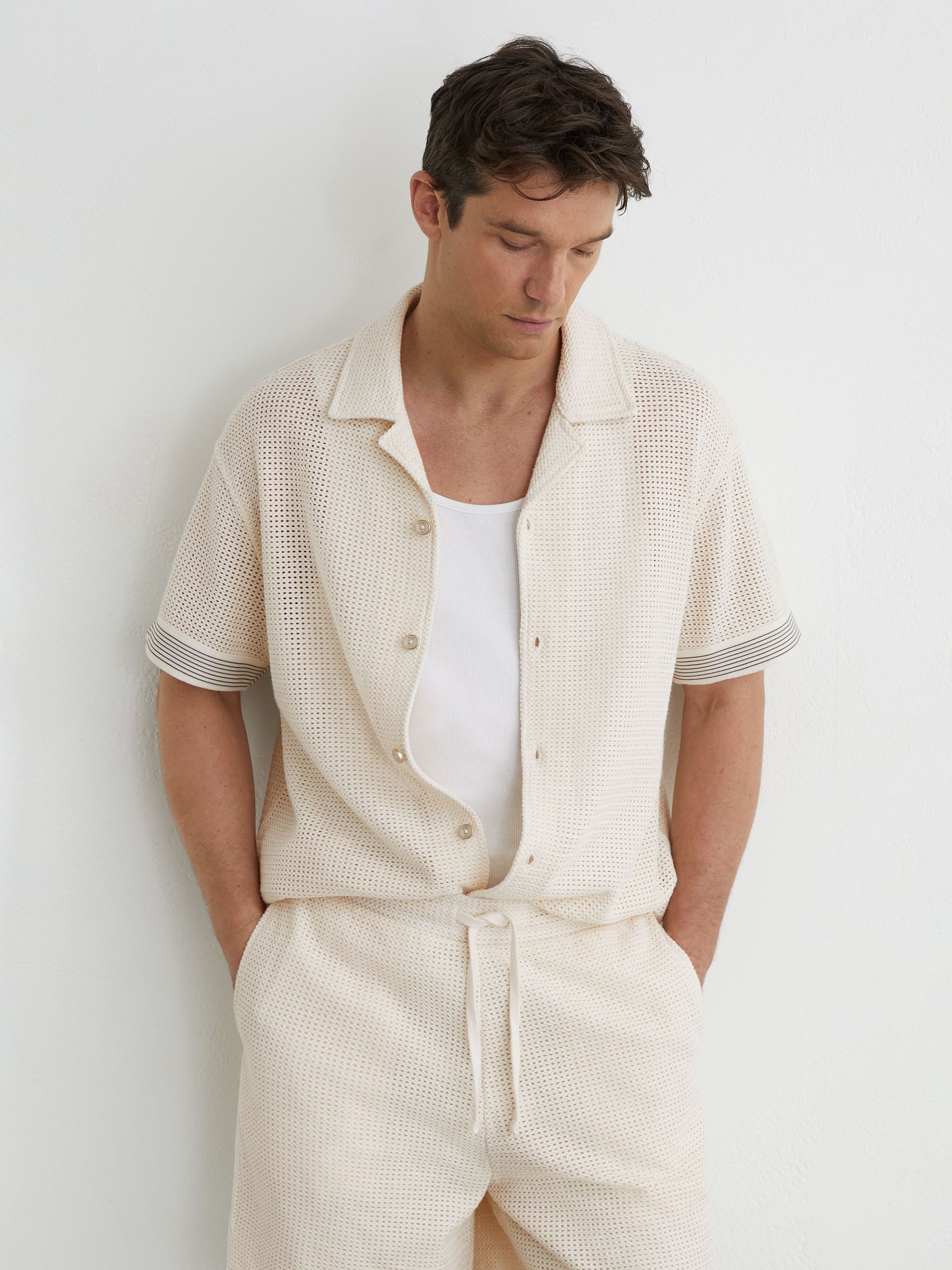 Cotton-Blend Tape-Trim Crochet Shirt in Off White - Image 1 of 7