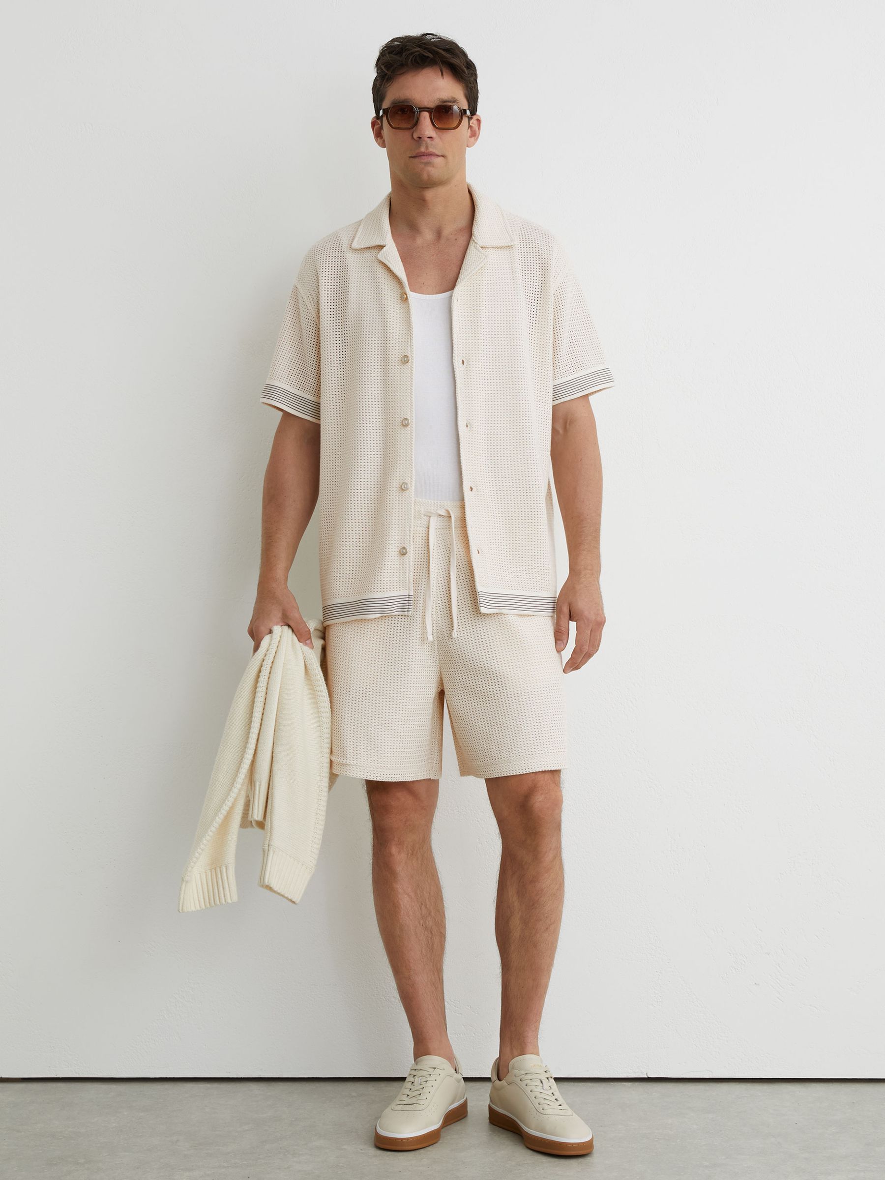 Cotton-Blend Tape-Trim Crochet Shirt in Off White - Image 3 of 7