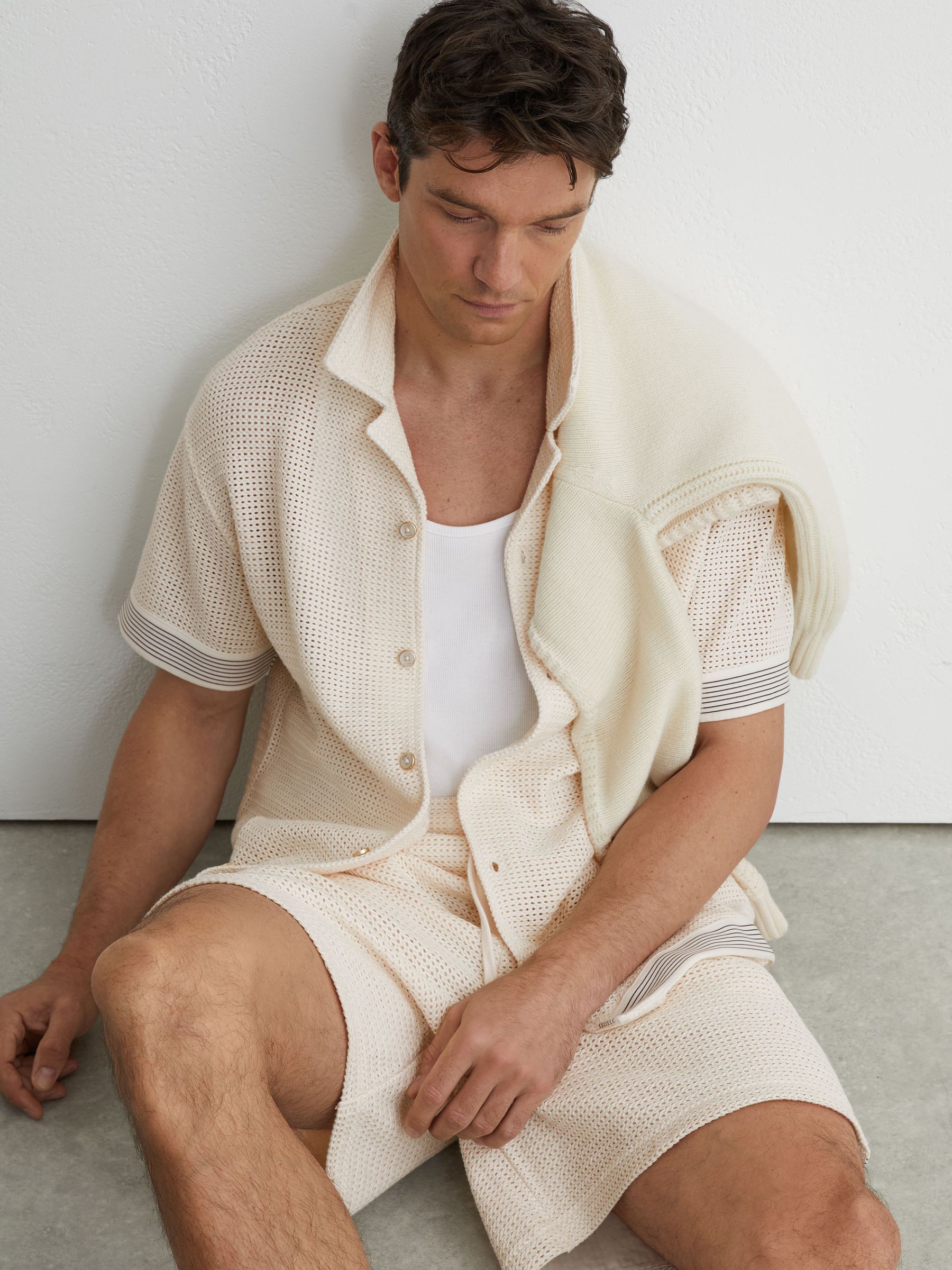 Cotton-Blend Tape-Trim Crochet Shirt in Off White - Image 5 of 7