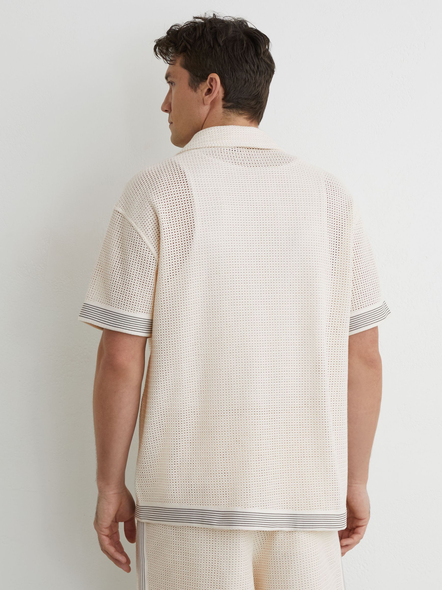 Cotton-Blend Tape-Trim Crochet Shirt in Off White - image 4