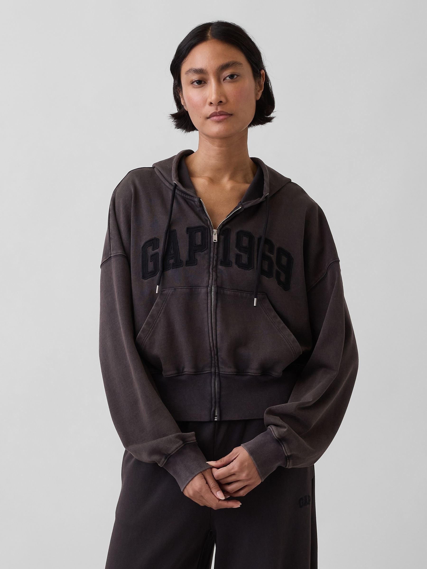 Black French Terry Oversized 1969 Logo Zip Hoodie - Image 1 of 4