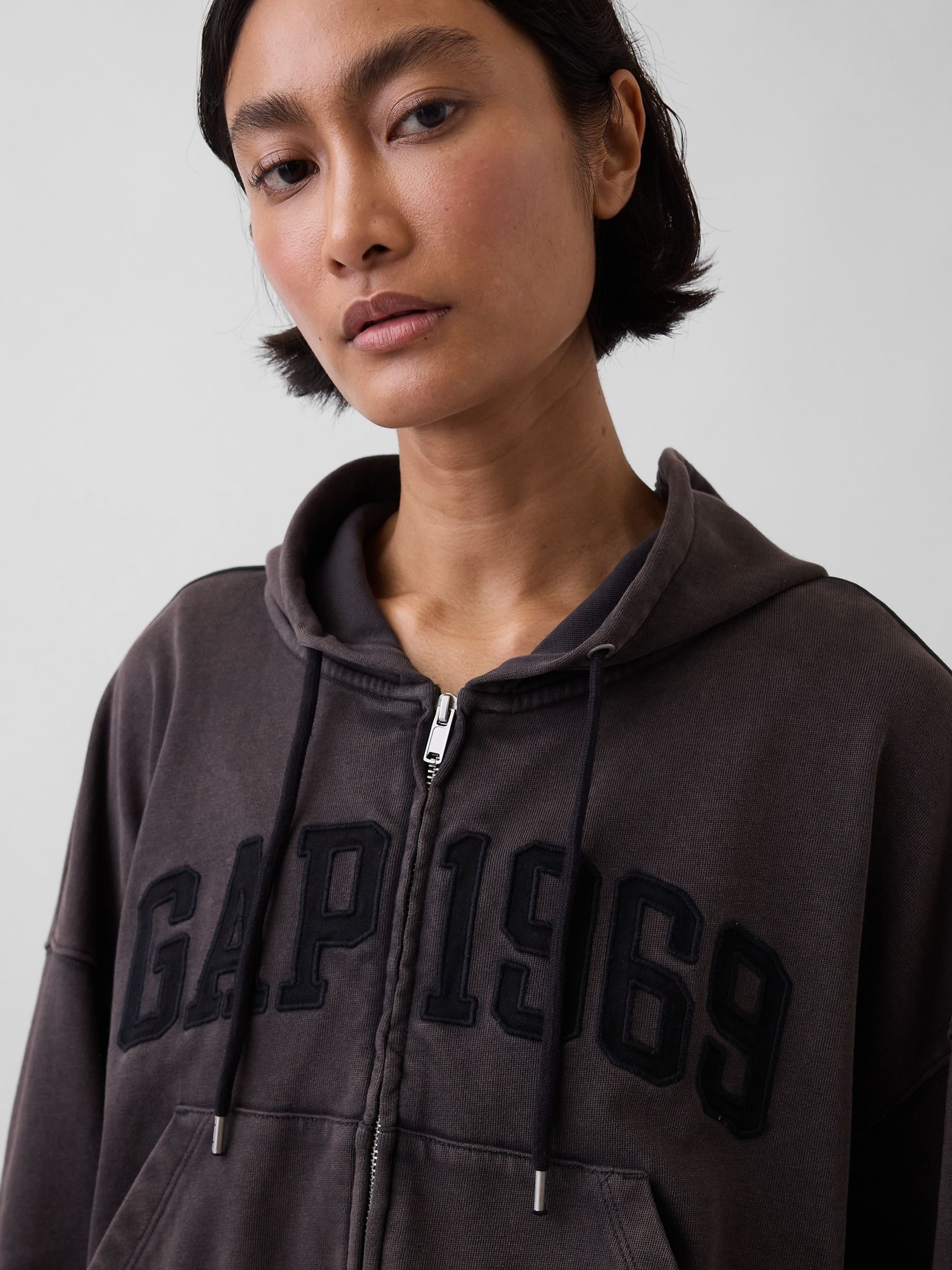 Black French Terry Oversized 1969 Logo Zip Hoodie | Gap