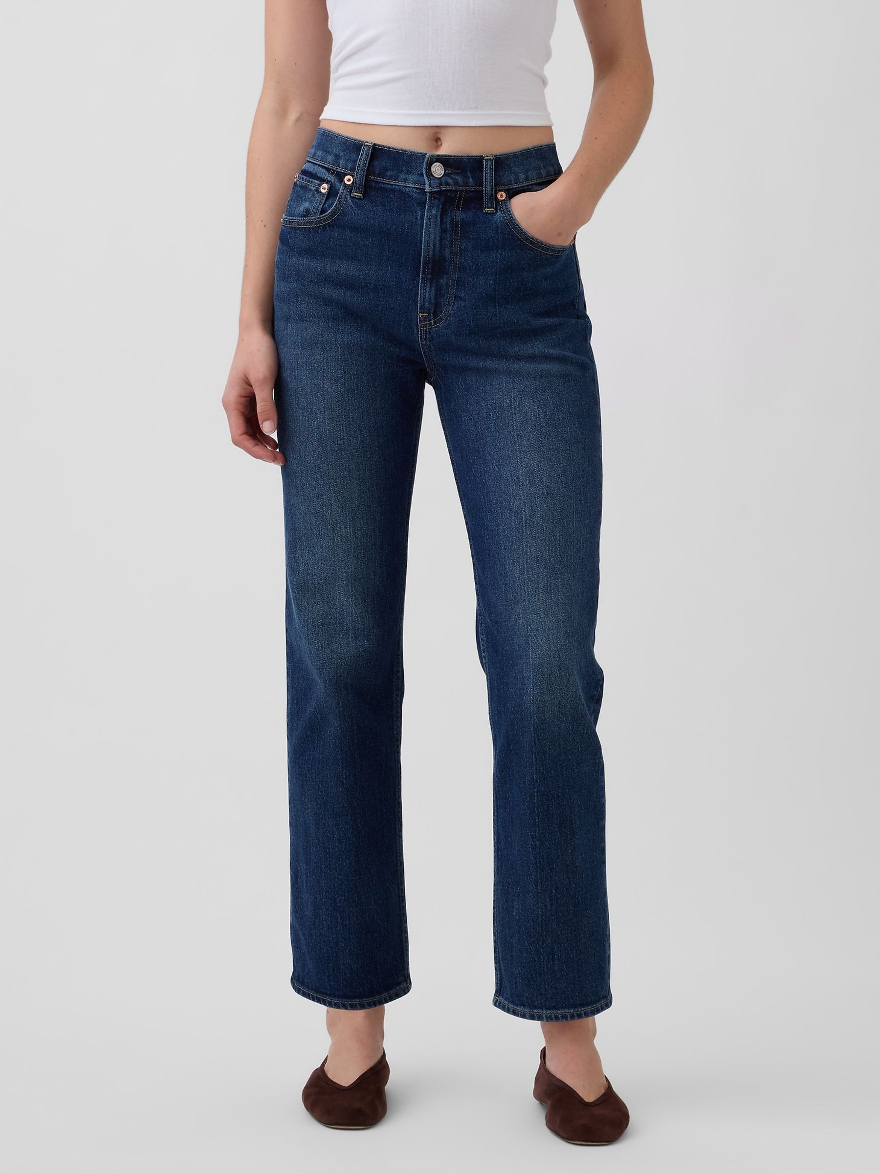 Blue High Waisted 90s Slim Straight Crop Jeans - Image 1 of 4