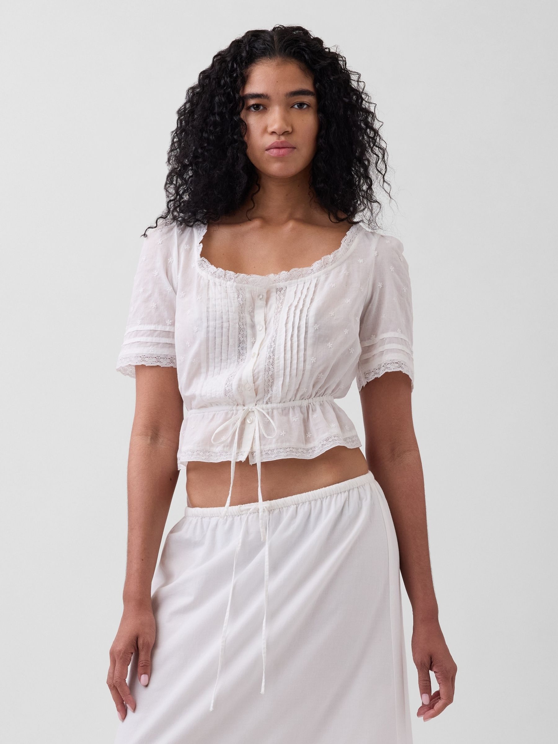 White Lace-Trim Peplum Top - Image 1 of 4