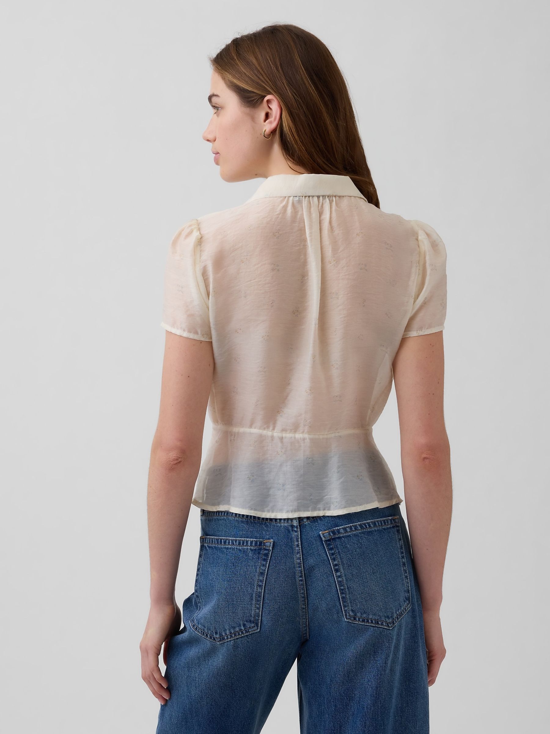 Yellow Sheer Button-Front Peplum Top - Image 2 of 4