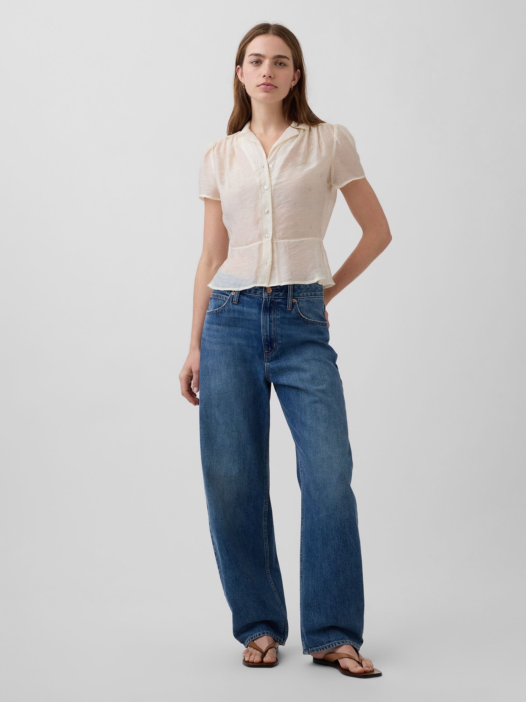 Yellow Sheer Button-Front Peplum Top - Image 3 of 4