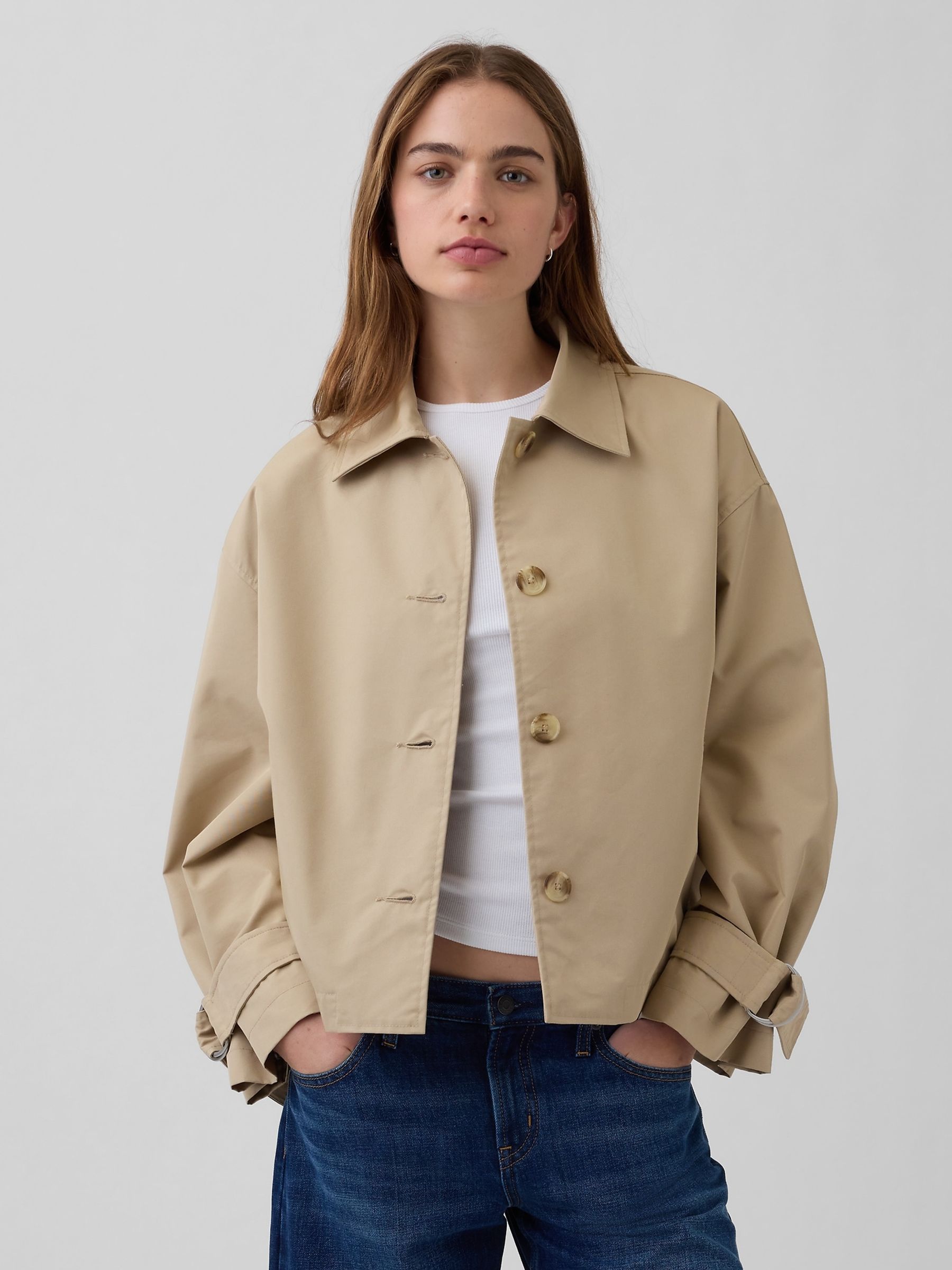 Beige Oversized Crop Trench Jacket - Image 1 of 5 Beige Oversized Crop Trench Jacket - Image 1 of 5