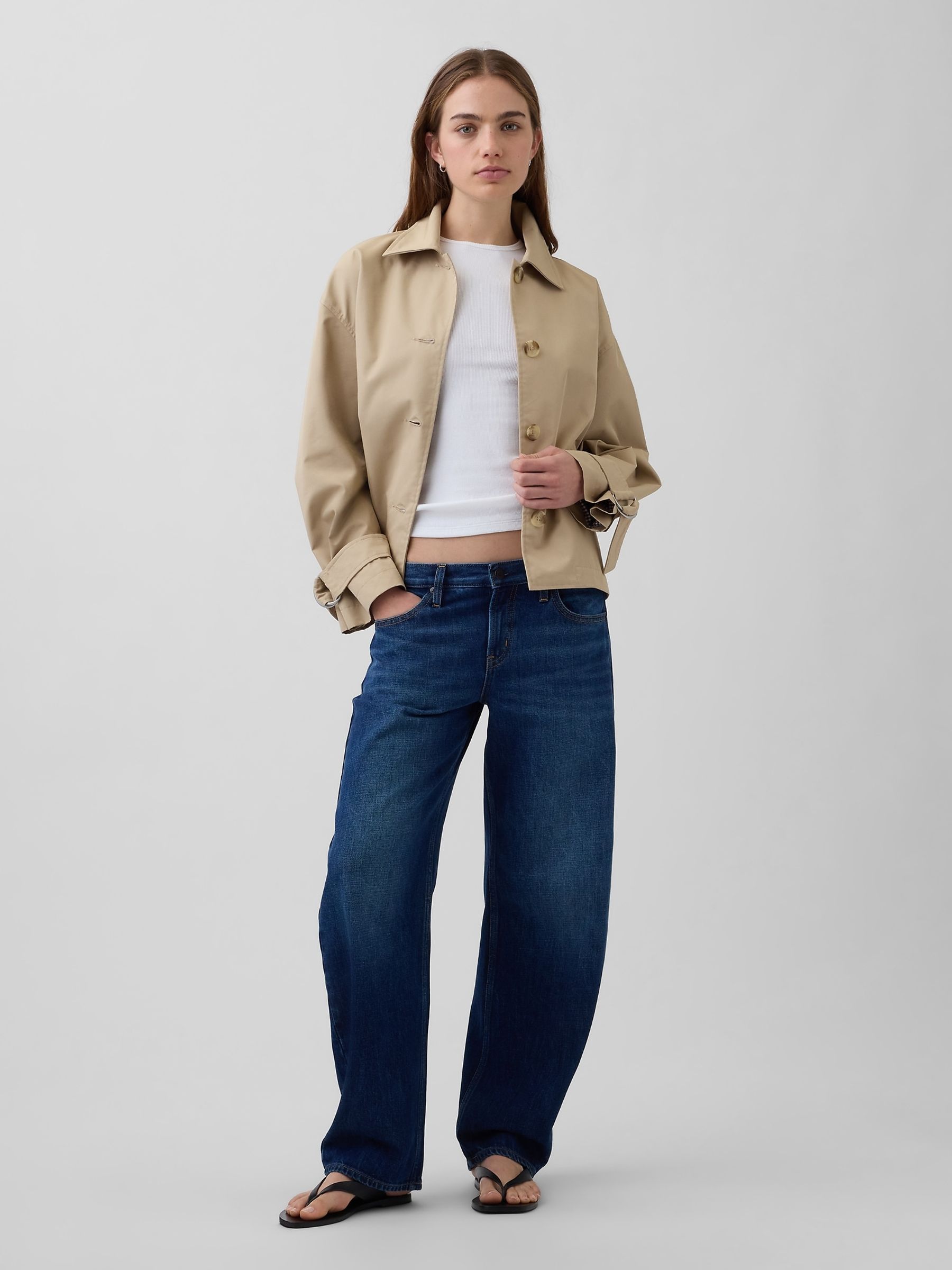 Beige Oversized Crop Trench Jacket - Image 3 of 5