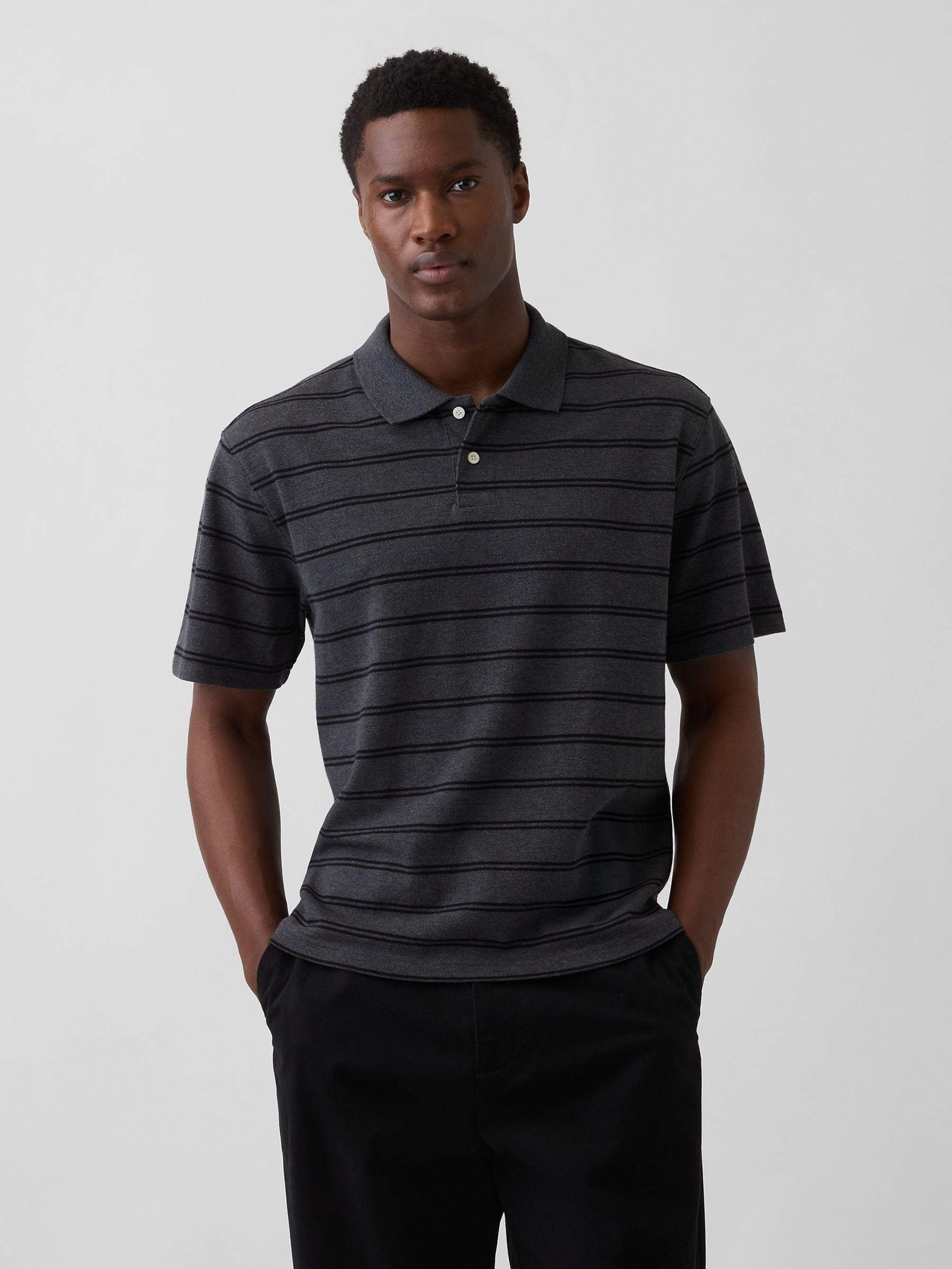 Grey Stripe Relaxed Pique Polo Shirt - Image 1 of 4