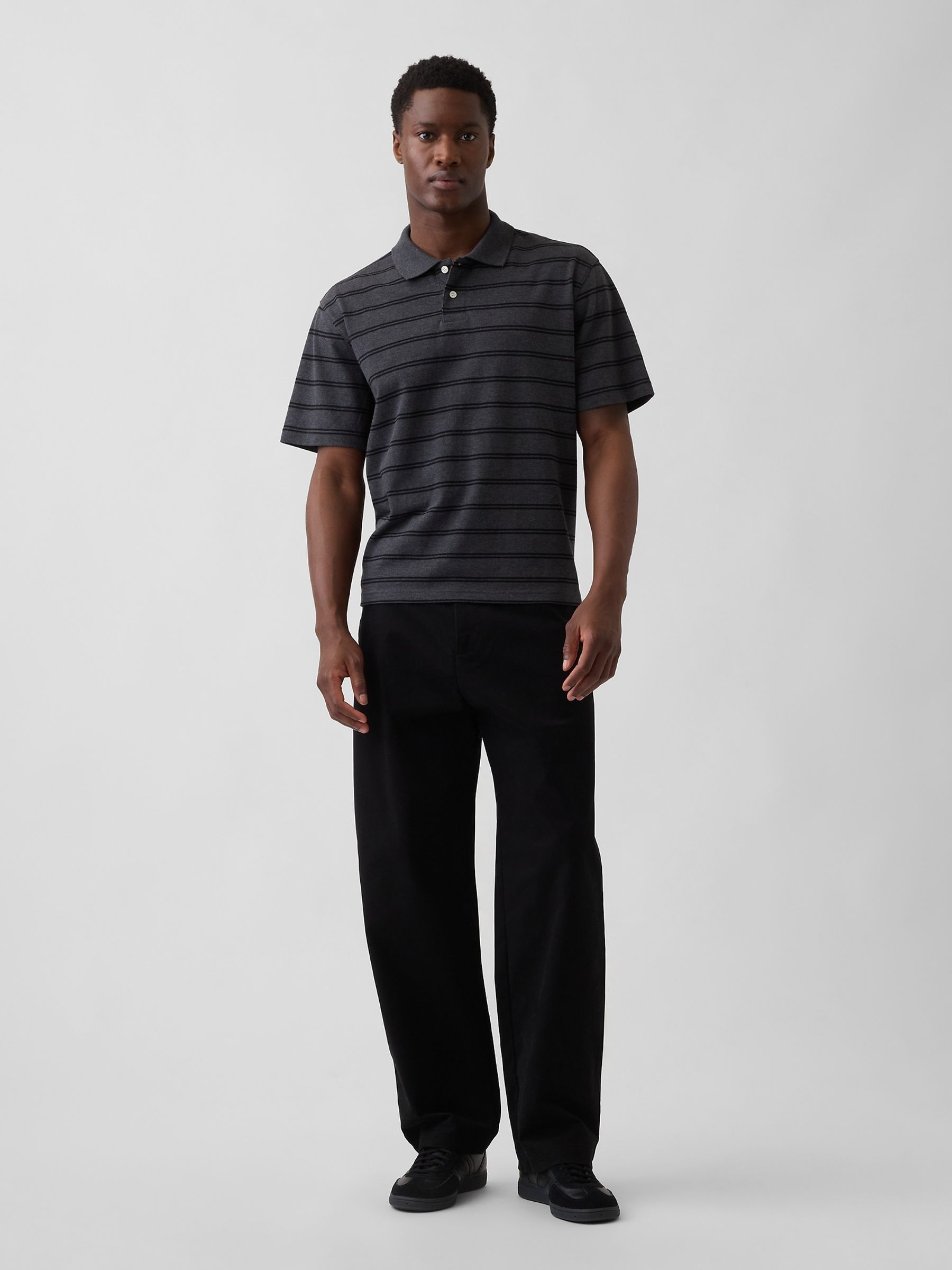 Grey Stripe Relaxed Pique Polo Shirt - Image 3 of 4