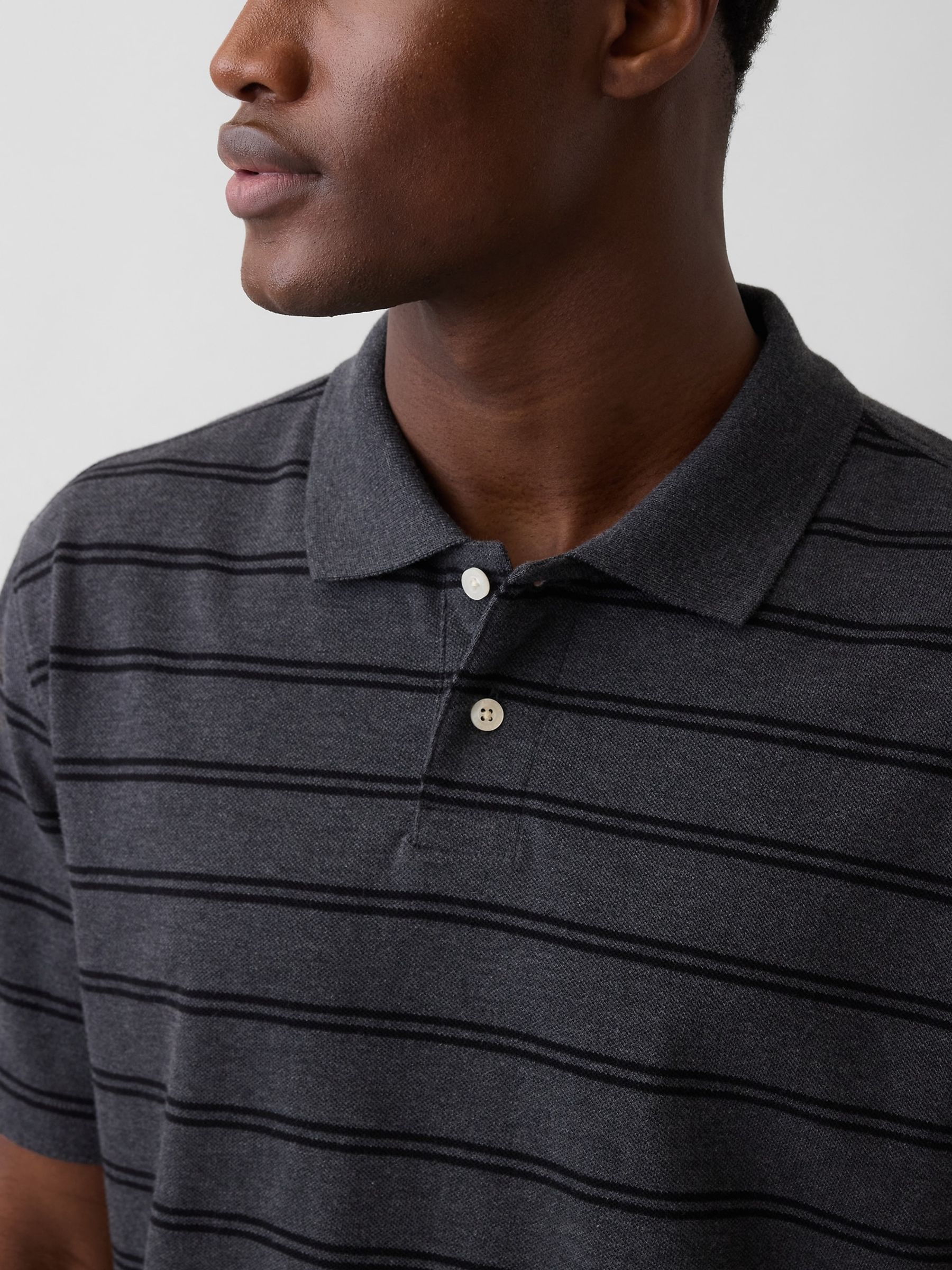 Grey Stripe Relaxed Pique Polo Shirt - Image 4 of 4
