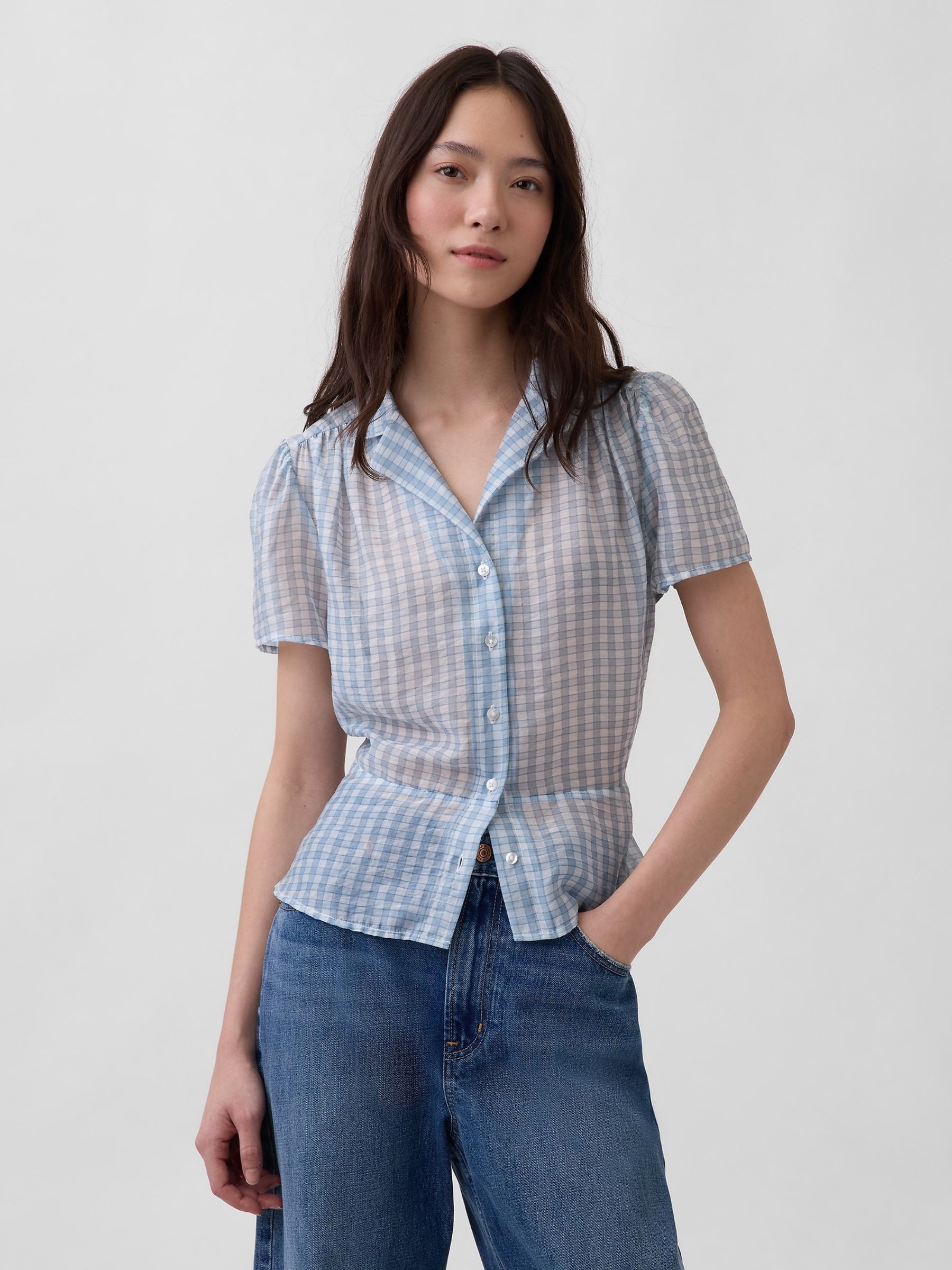 Blue Check Sheer Button-Front Peplum Top - Image 1 of 4