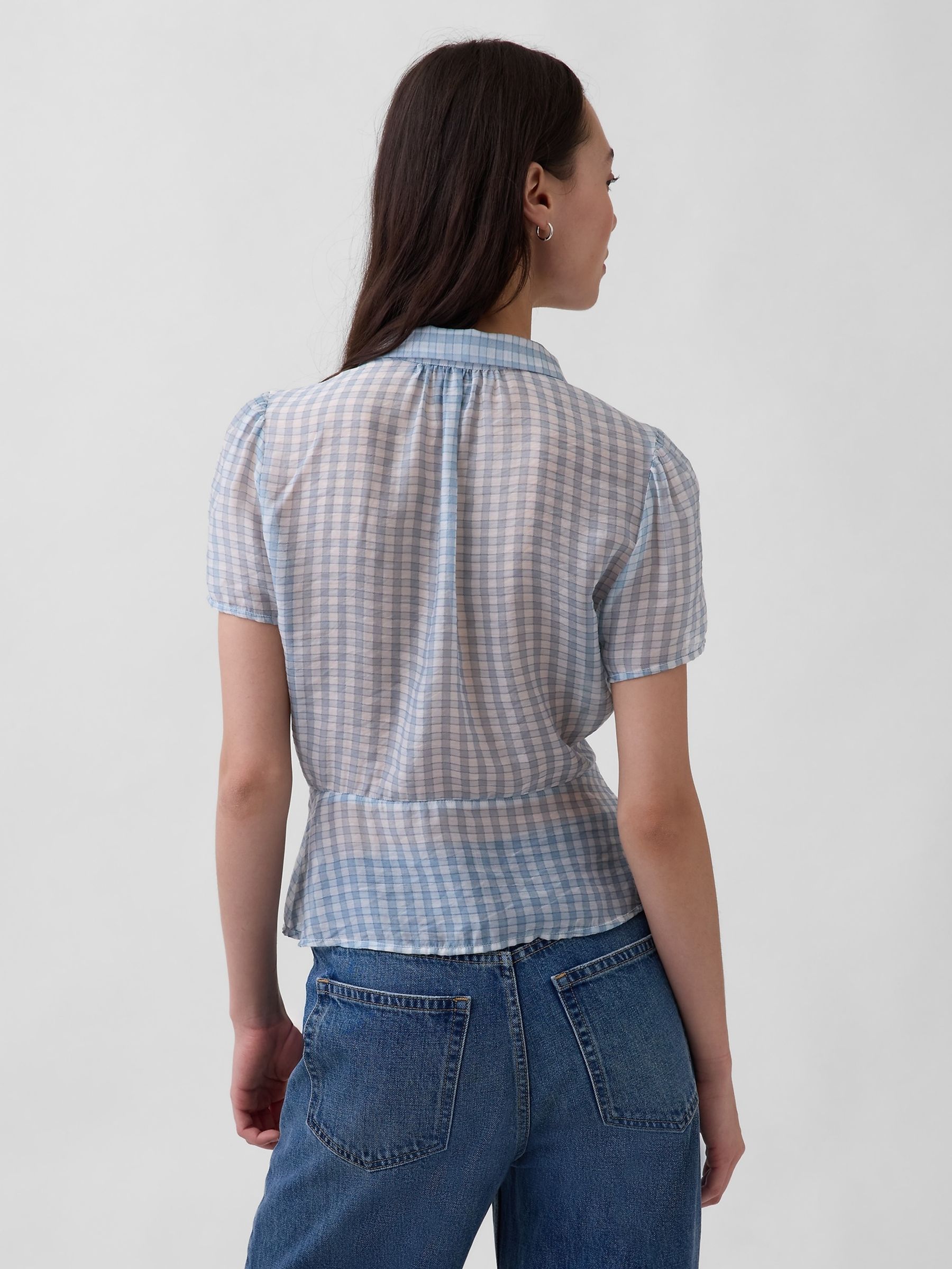 Blue Check Sheer Button-Front Peplum Top - Image 2 of 4