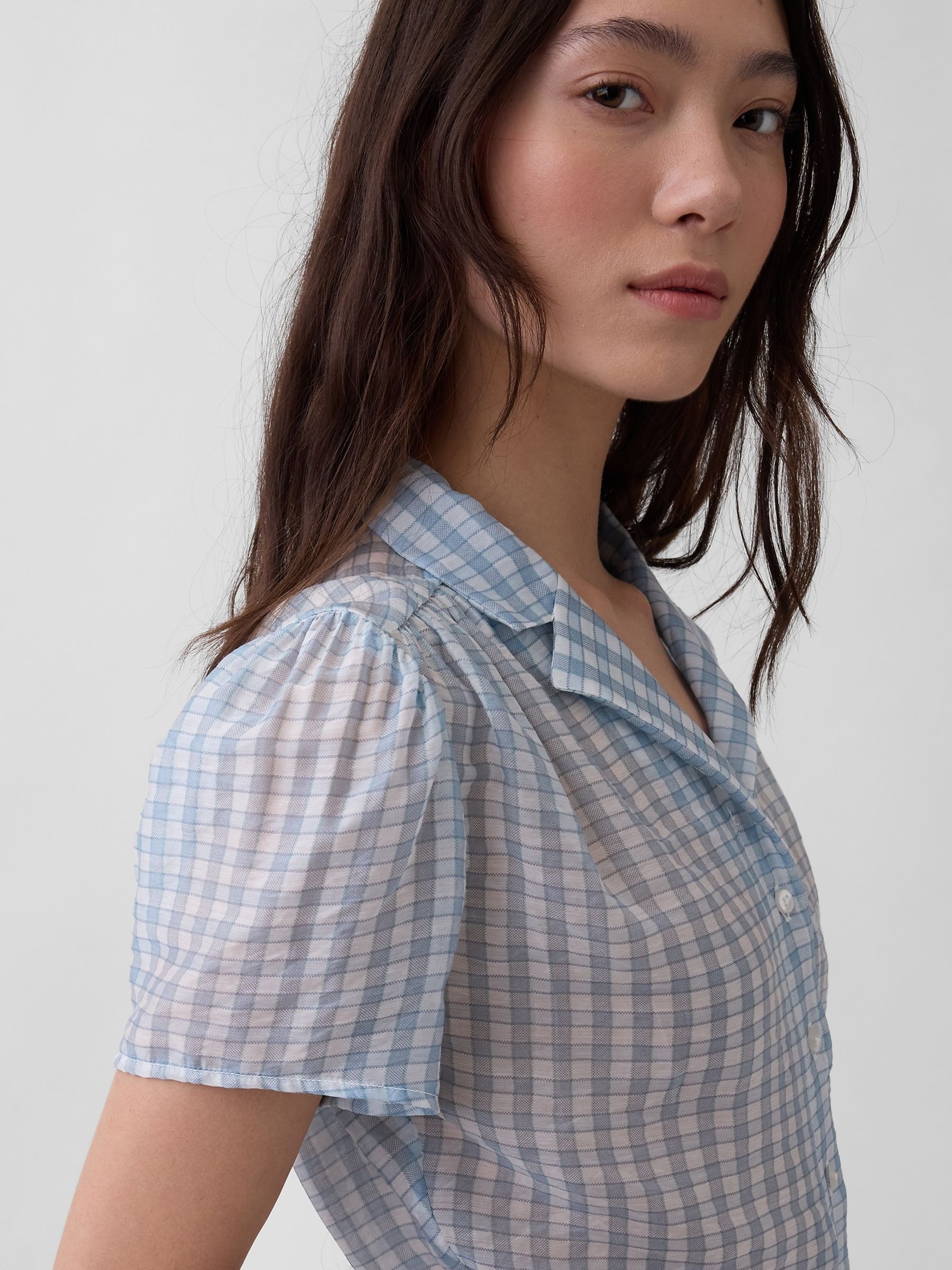 Blue Check Sheer Button-Front Peplum Top - Image 3 of 4