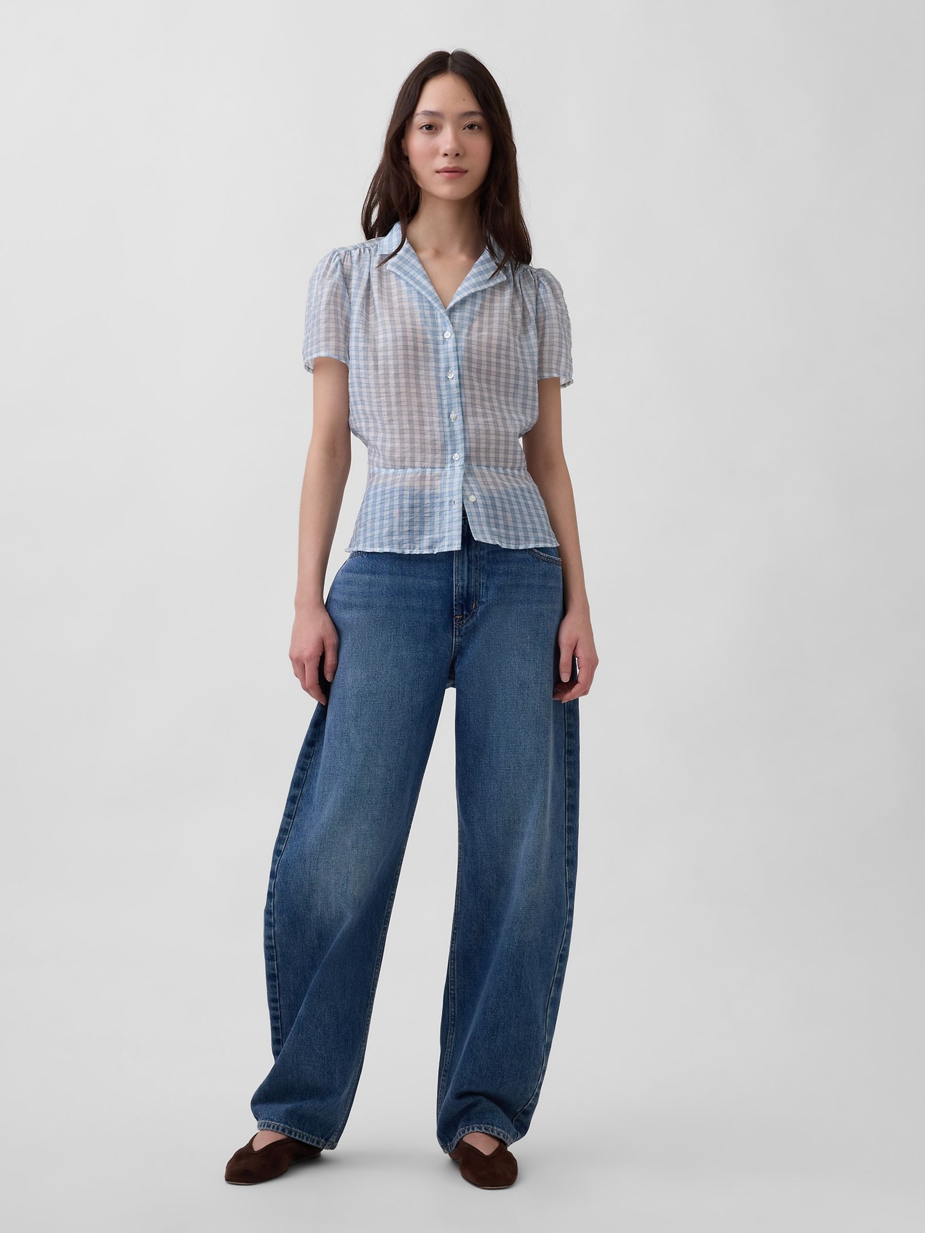 Blue Check Sheer Button-Front Peplum Top - Image 4 of 4