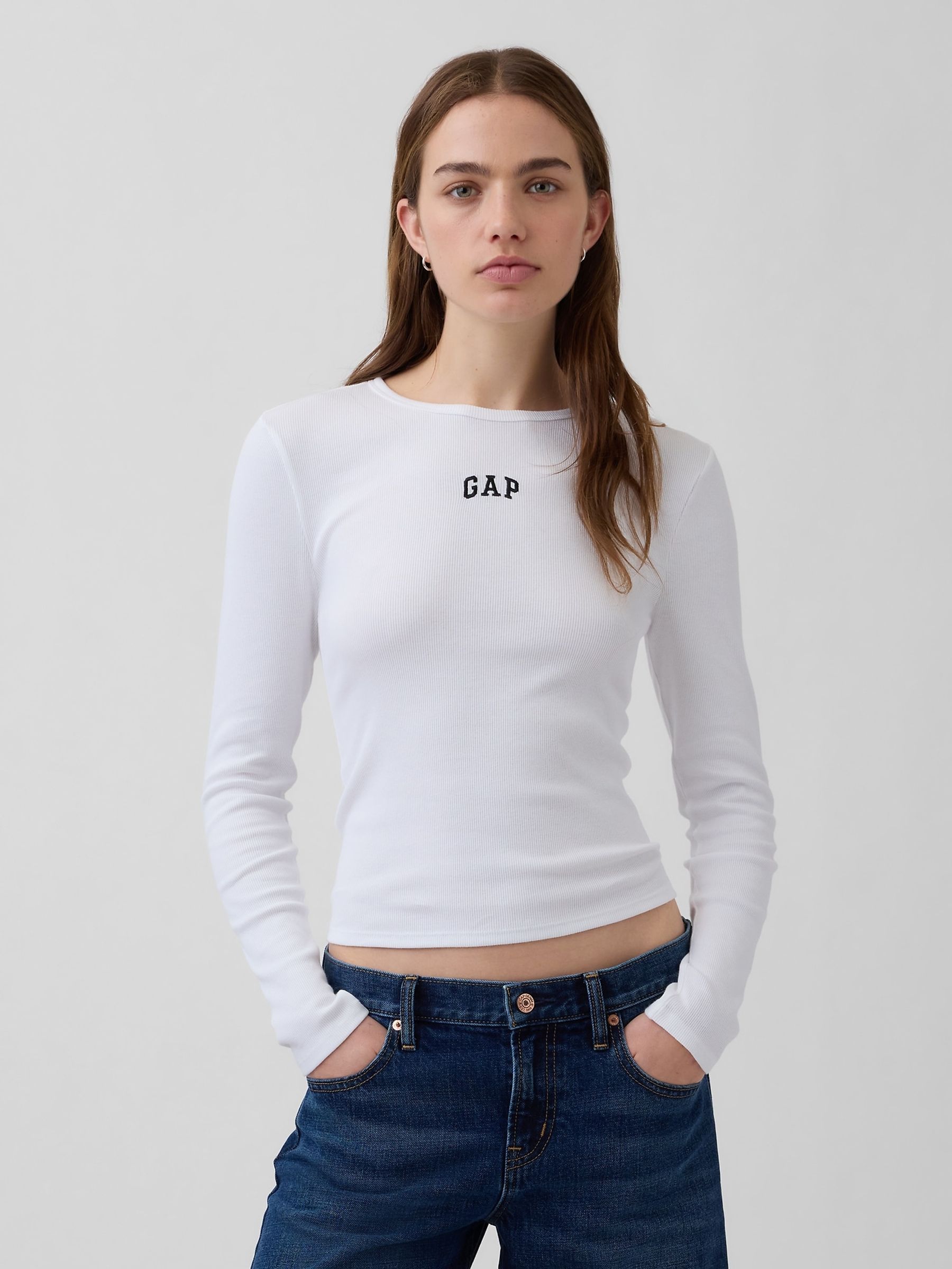 White Rib Crop Logo Long Sleeve T-Shirt - Image 1 of 5 White Rib Crop Logo Long Sleeve T-Shirt - Image 1 of 5