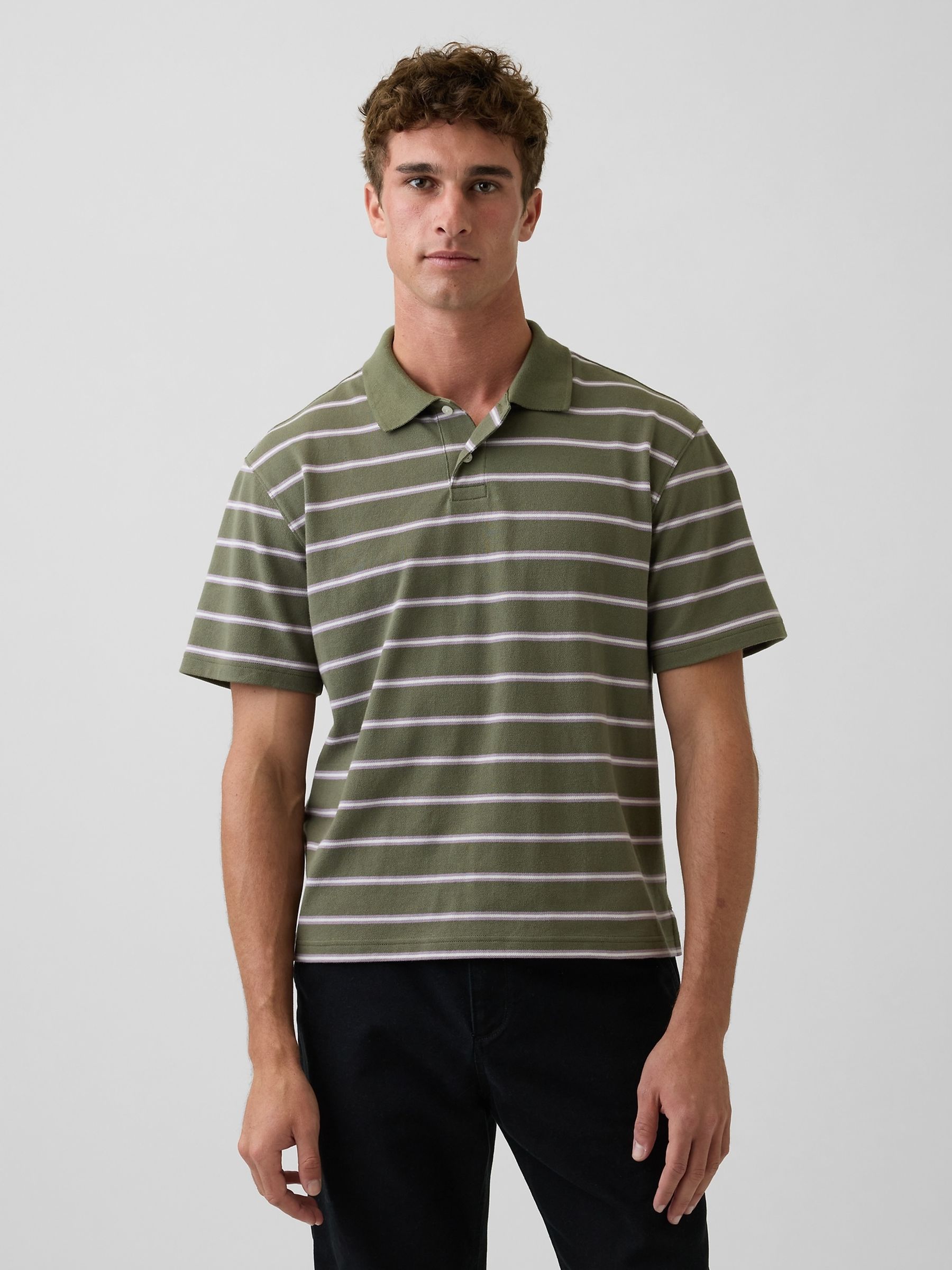 Green stripe Relaxed Pique Polo Shirt - Image 1 of 4
