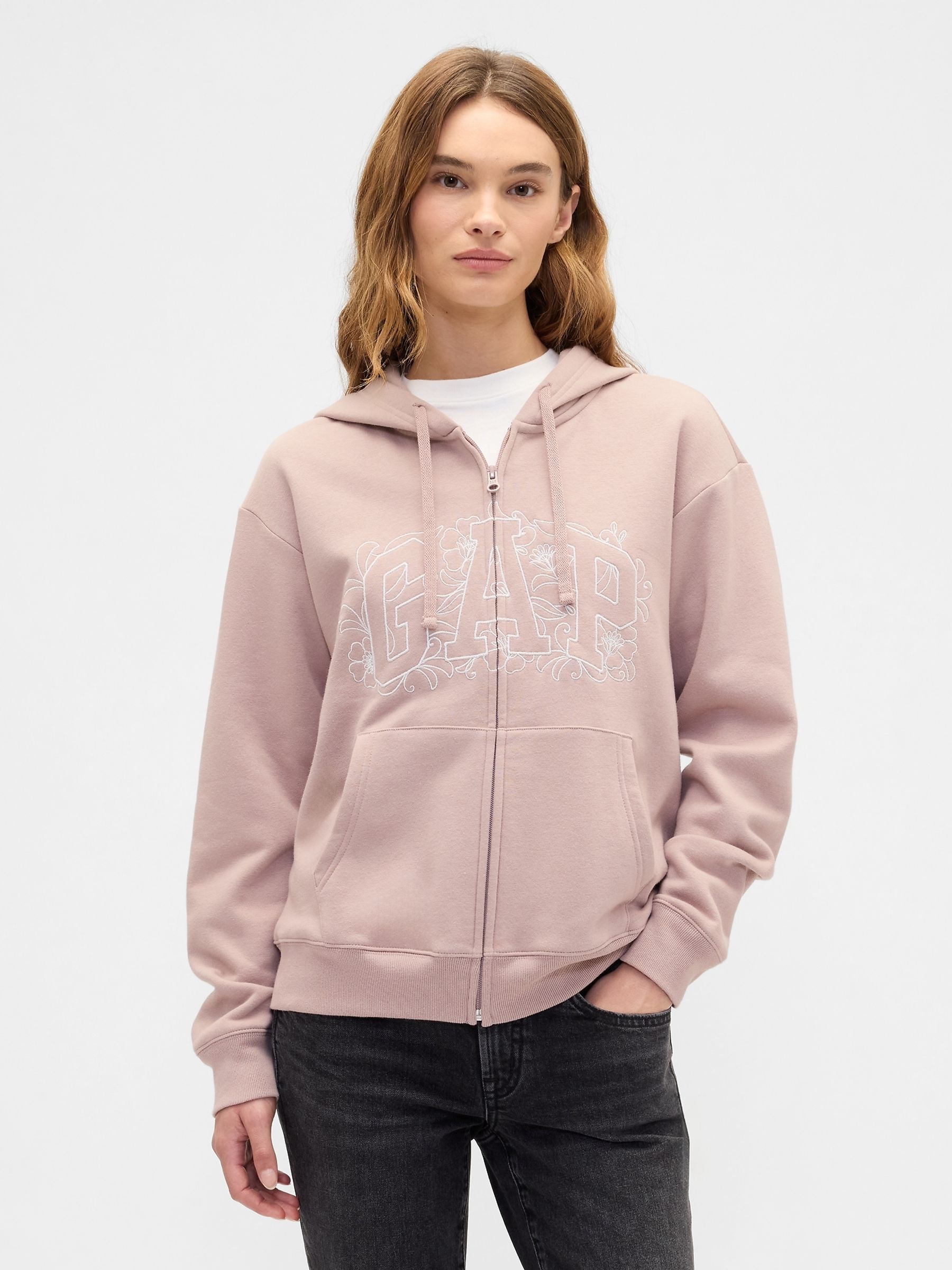 Light Pink Relaxed Gap Logo Zip Hoodie - Image 1 of 5