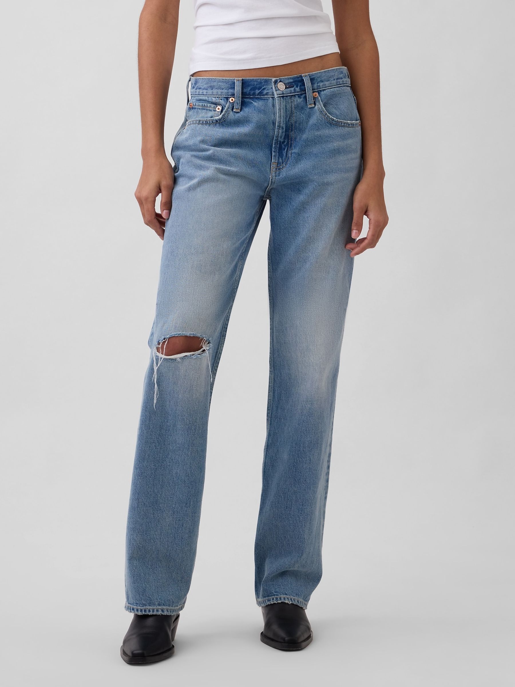 Light Indigo Mid Rise Rigid Relaxed Straight Jeans - Image 1 of 4 Light Indigo Mid Rise Rigid Relaxed Straight Jeans - Image 1 of 4