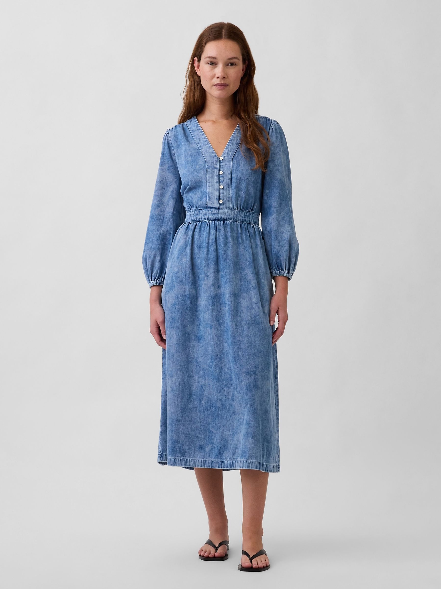 Meidum wash Denim Pieced-Waist Midi Dress - Image 1 of 4 Meidum wash Denim Pieced-Waist Midi Dress - Image 1 of 4
