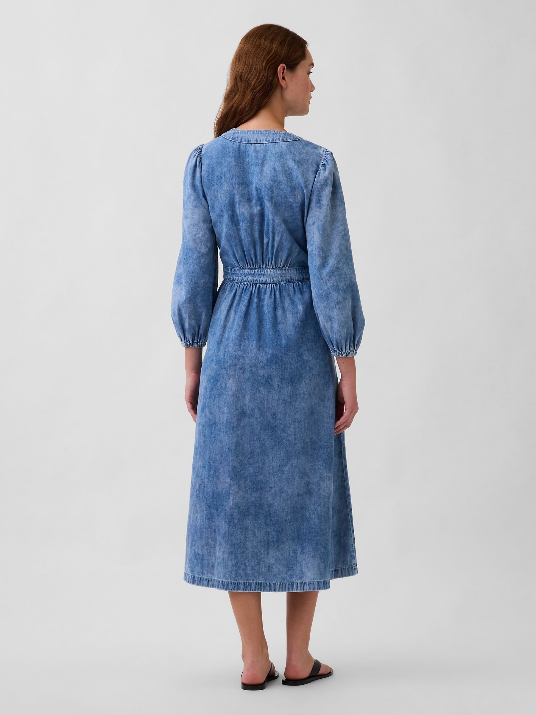 Meidum wash Denim Pieced-Waist Midi Dress - Image 2 of 4