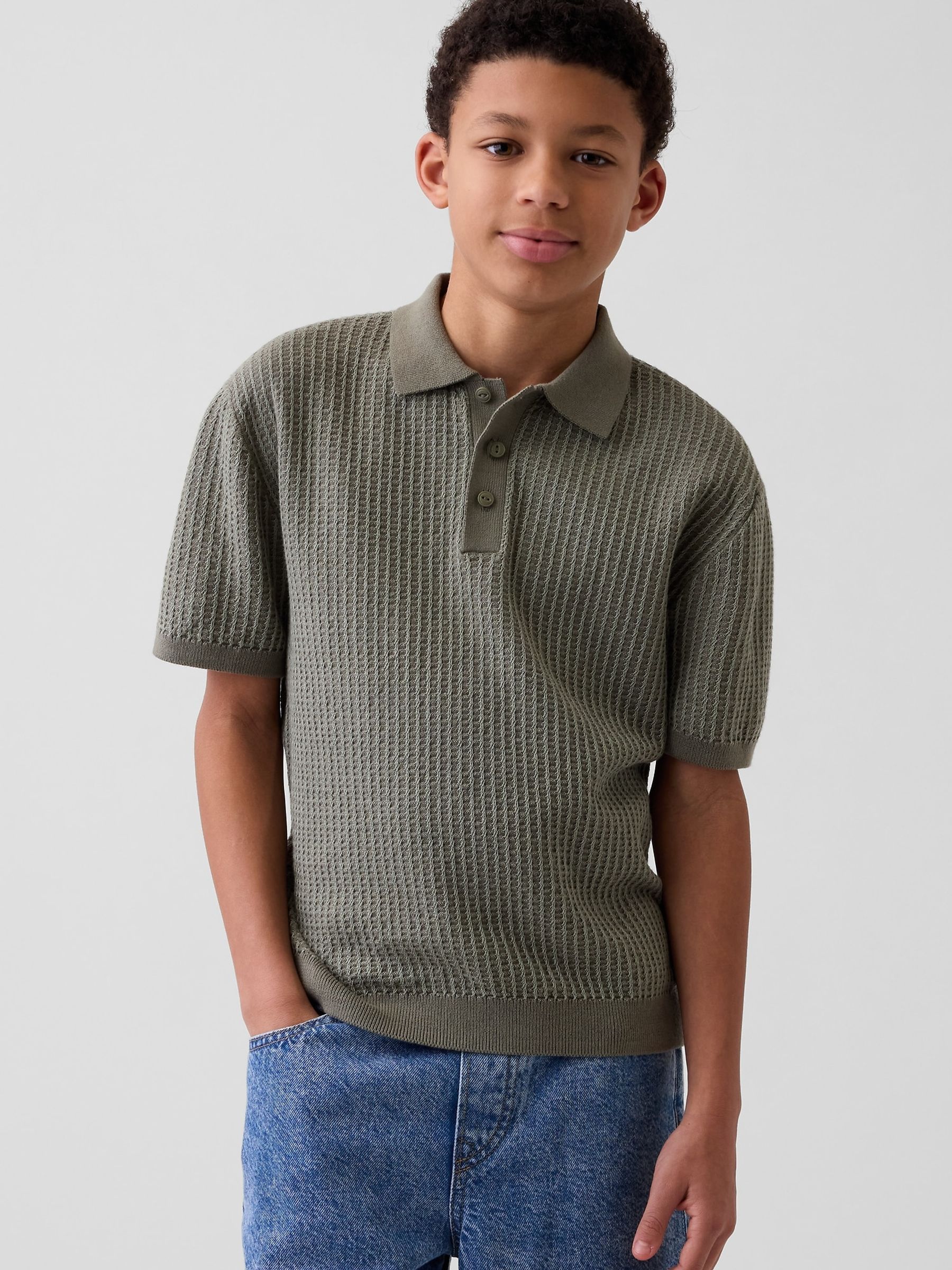Green Textured Polo Knitted Shirt - Image 1 of 3