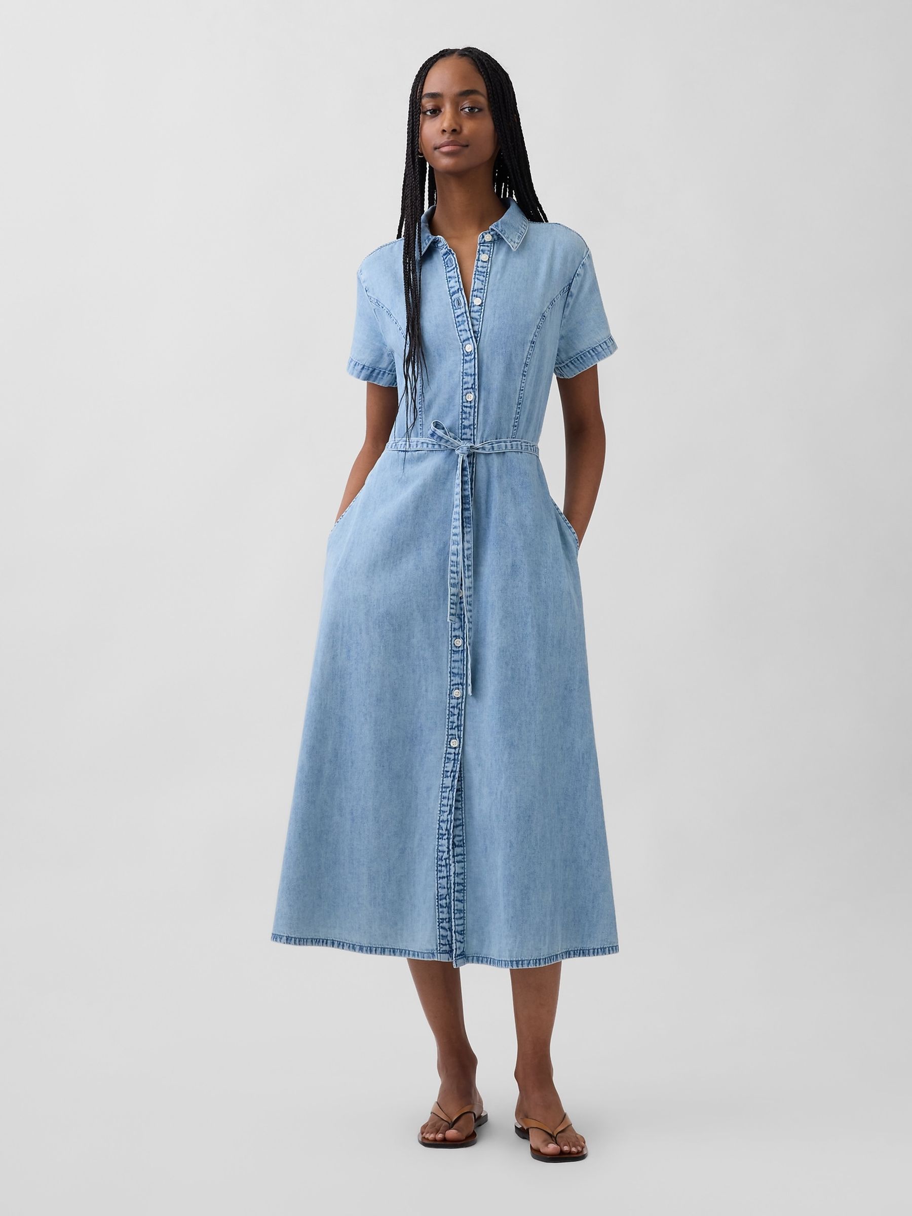 Light Wash Denim Elasticated waist Midi Shirtdress - Image 1 of 4