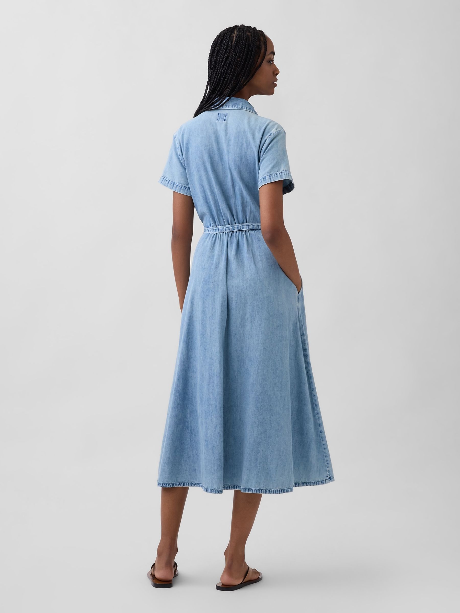 Light Wash Denim Elasticated waist Midi Shirtdress - Image 2 of 4 Light Wash Denim Elasticated waist Midi Shirtdress - Image 2 of 4