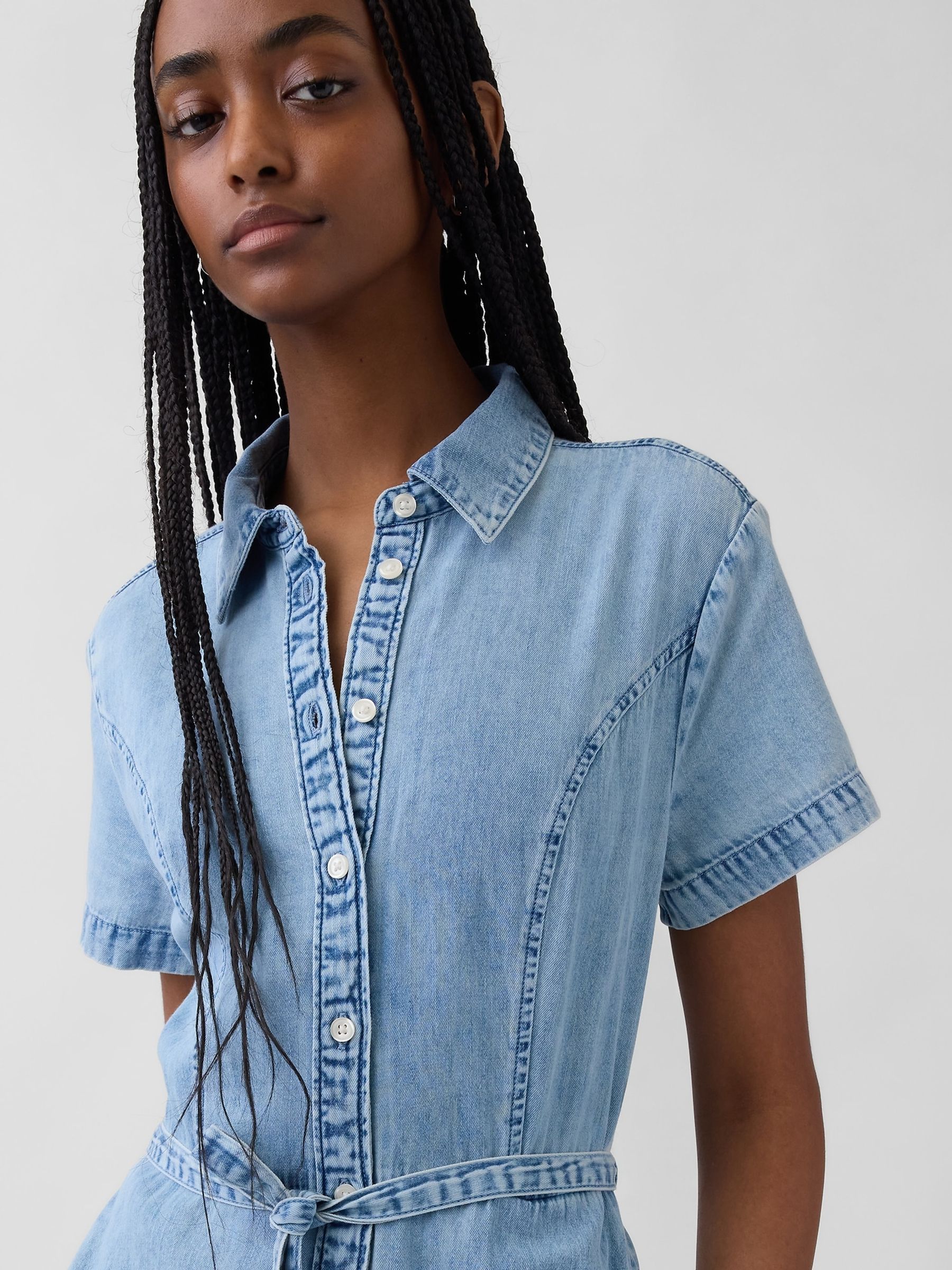 Light Wash Denim Elasticated waist Midi Shirtdress - Image 4 of 4