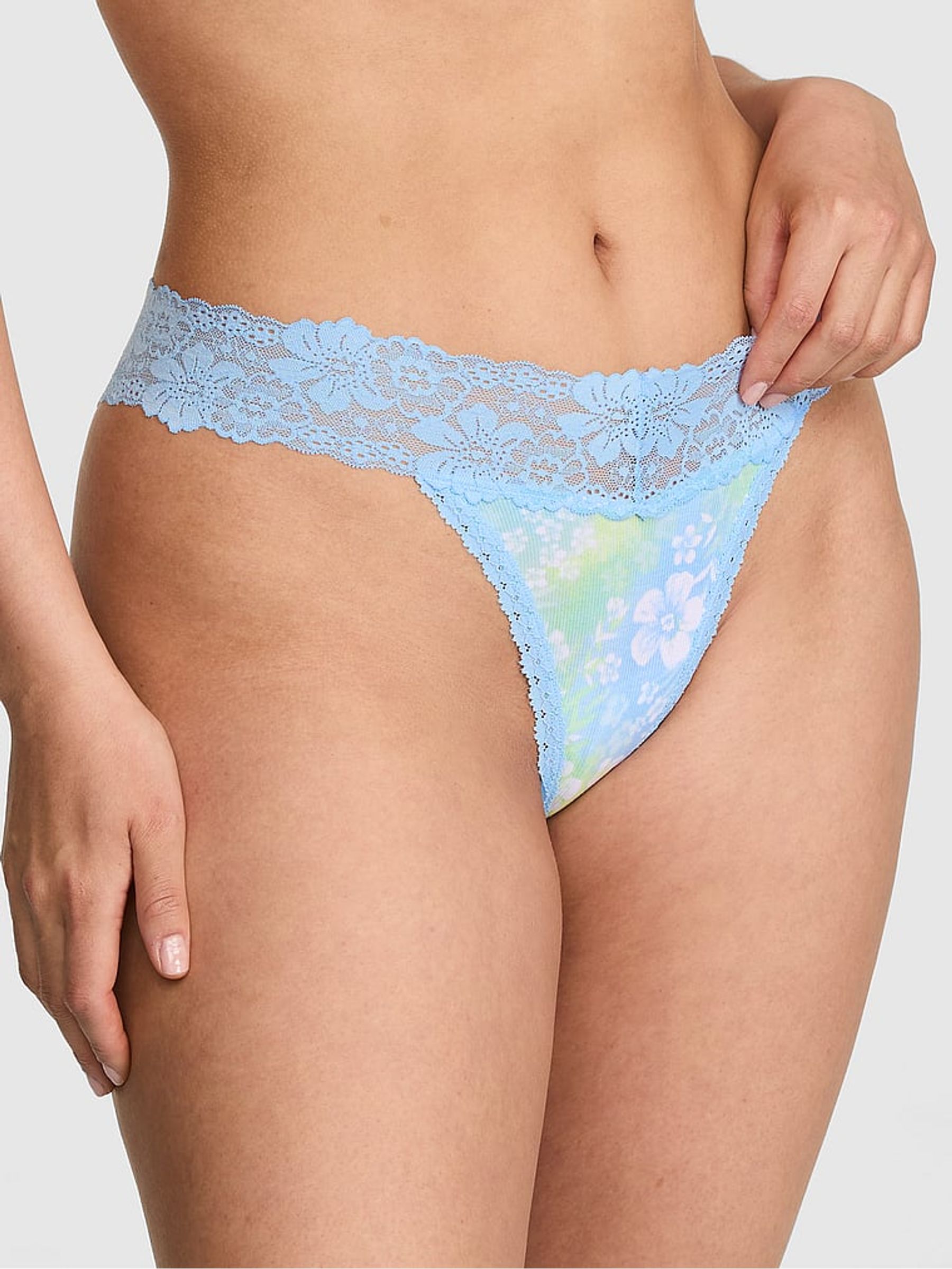 Blue Dancer Hibiscus Thong Lace Trim Rib Knickers - Image 1 of 2